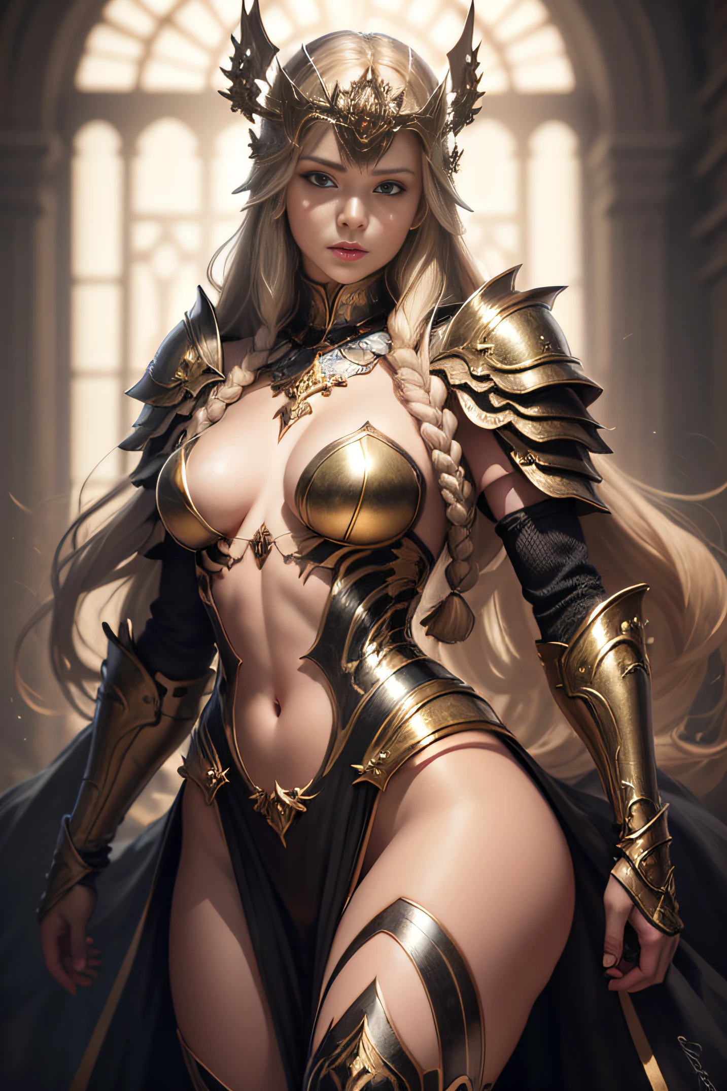 Blonde haired woman with braids, (Armadura nordica decotada dourada). Golden armor with glossy chrome black with sharp reflections. Pedras preciosas. ombros nus. (tiara). Low muscle definition. Pernas lindas. Ombros nus visiveis. Detailed lighting. artistic work. Beleza extrema. Roupa com efeito de gradiente colorido intenso. Professional image with high saturation. Camera profissional. illustration. cores vibrantes. olhos amarelos vibrantes, manto, capa de pelo, olhos dourados brilhantes, simetria, olhar intenso, detalhes pretos nas roupas, aura dourada
