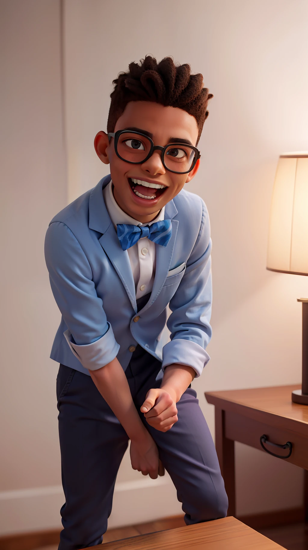 (high-quality, detailed and realistic) portrait of a (young South African man) wearing nerdy glasses and a (stylish bow tie). The man is (laughing) and there is (warm indoor lighting) illuminating his expression. The background is (minimalistic) to draw focus to the man and his personality as a stand-up comedian.