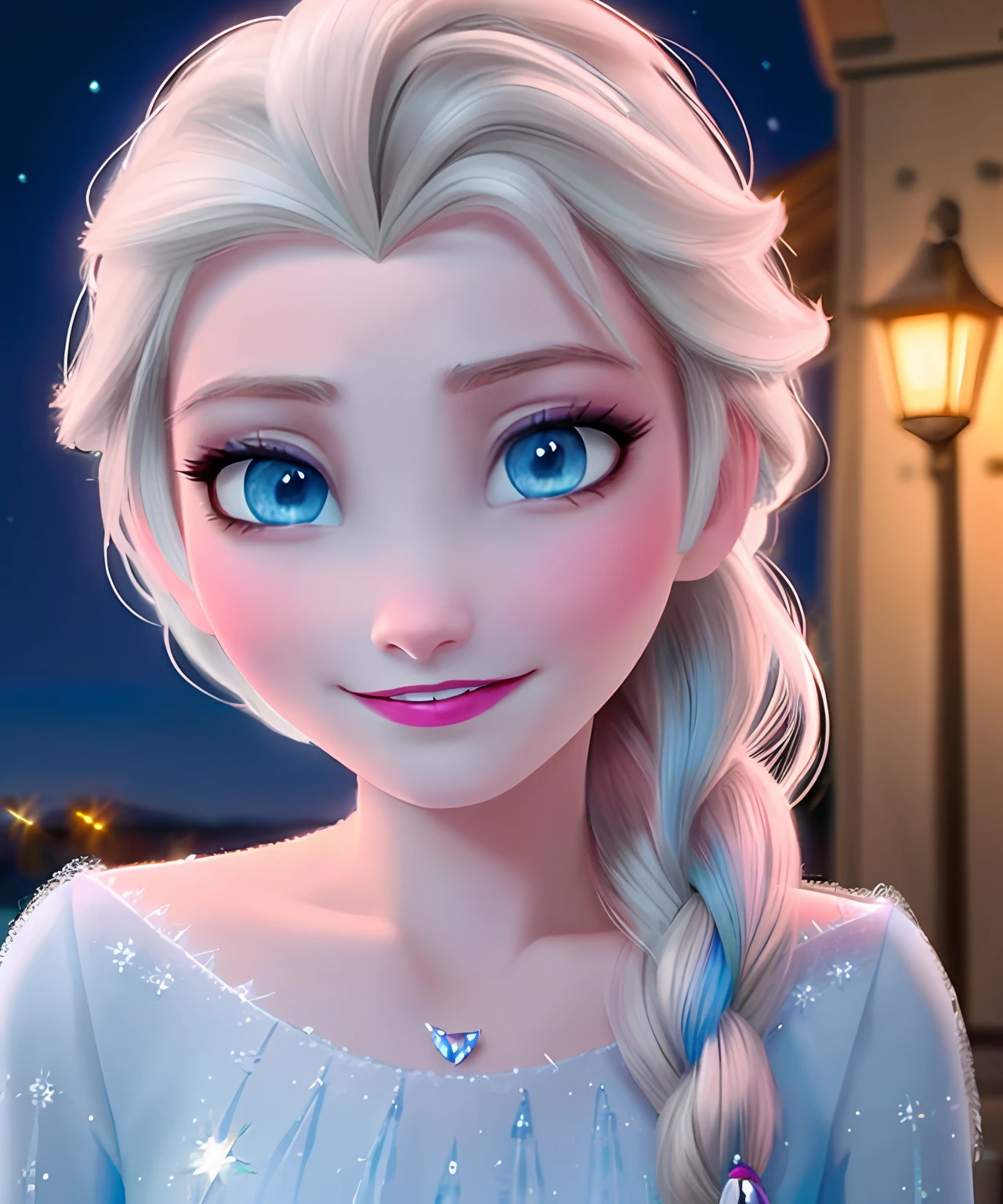 (Obra maestra:1.4), (Mejor calidad:1.4), (High resolution:1.4), (noche:1.2), (retrato:1.2),  Elsa de Arendelle, vestido azul hielo, (single braid:1.1) ,single braid, Estilo disney, animacion disney, pelicula disney, ,fotografia profesional, smile, smiling