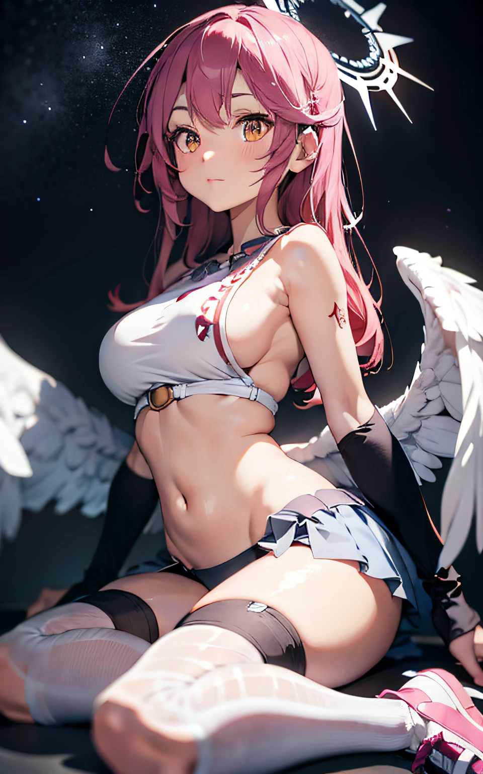 jibril \(no game no life\), solo, long hair, large chest, large breasts, sideboob, side boob, halo, pink hair, pink stocking, low wings, gloves, asymmetrical legwear, angel wings, very long hair, white wings, , feathered wings, orange eyes, shoes, multi-coloured eyes, thigh highs, crop top, cross, sitting,