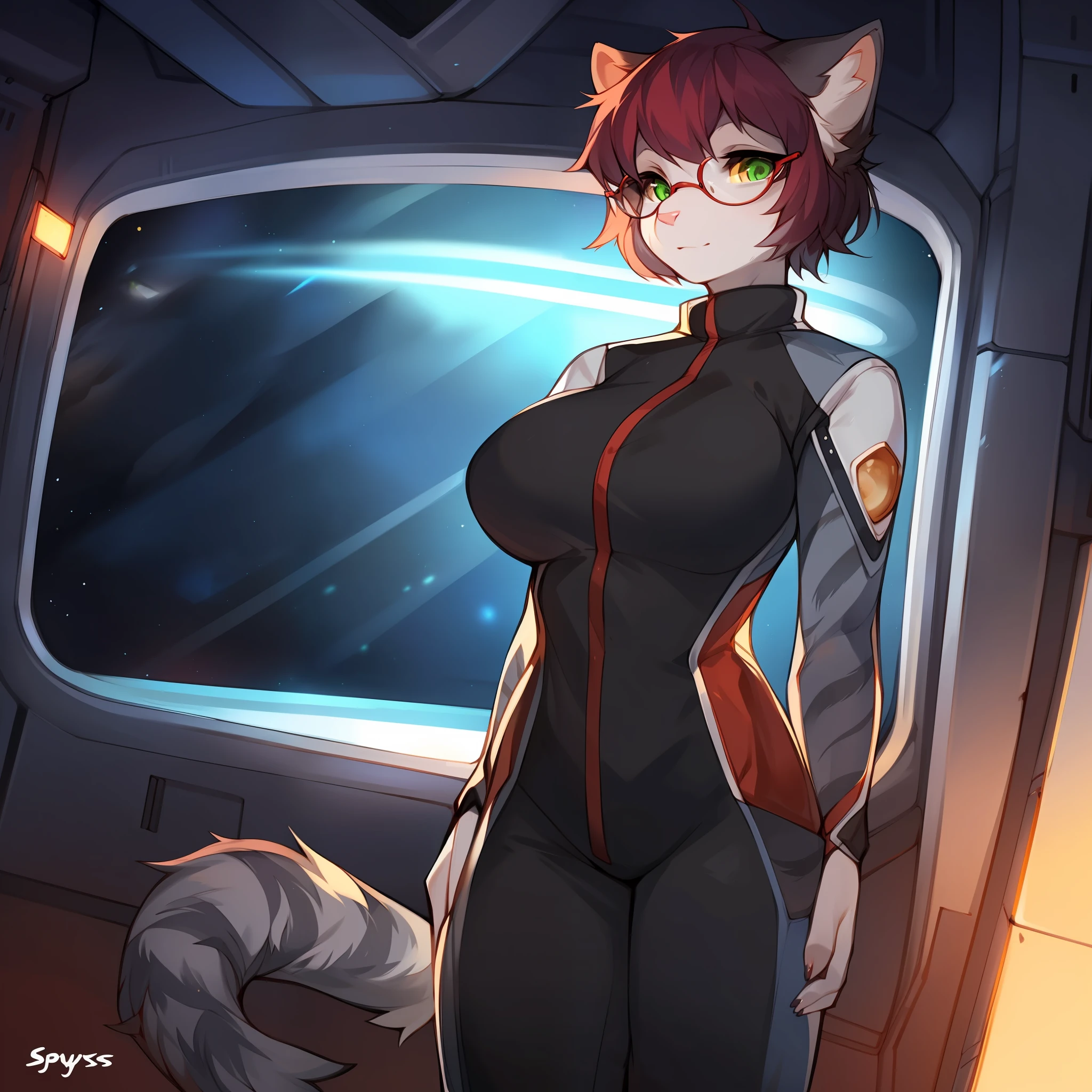 Solo, female, feline, cat, silver tabby, green eyes with yellow sclera, short dark maroon hair, standing, snout, pink nose and pink inner ear, medium big breasts, (((red glasses))), ((by spuydjeks, by bebebebebe)), ((very light grey body with light grey stripes)), spacesuit, turtleneck, uniform, space, spaceship, window