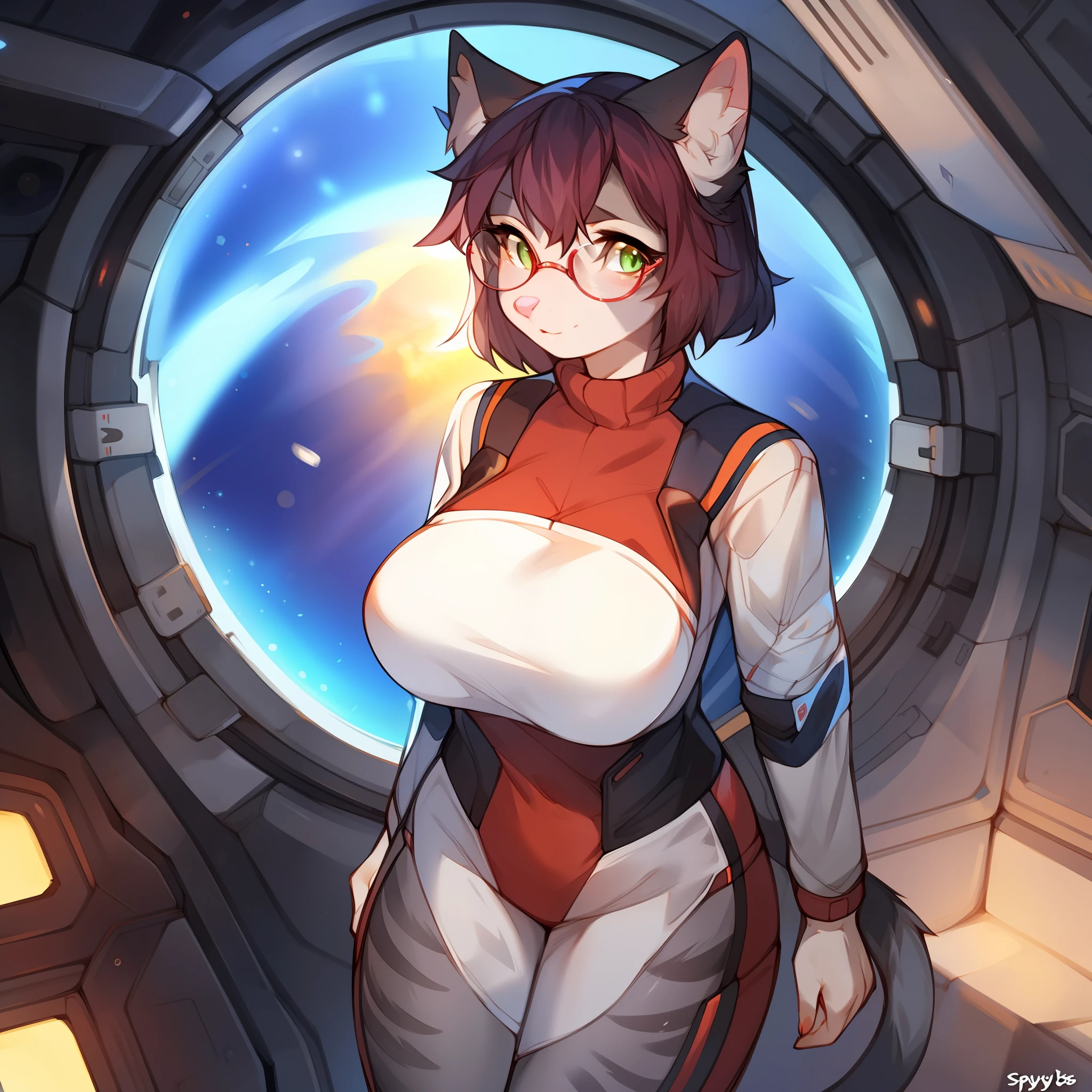 Solo, female, feline, cat, silver tabby, green eyes with yellow sclera, short dark maroon hair, standing, snout, pink nose and pink inner ear, medium big breasts, (((red glasses))), ((by spuydjeks, by bebebebebe)), ((very light grey body with light grey stripes)), spacesuit, turtleneck, uniform, space, spaceship, window