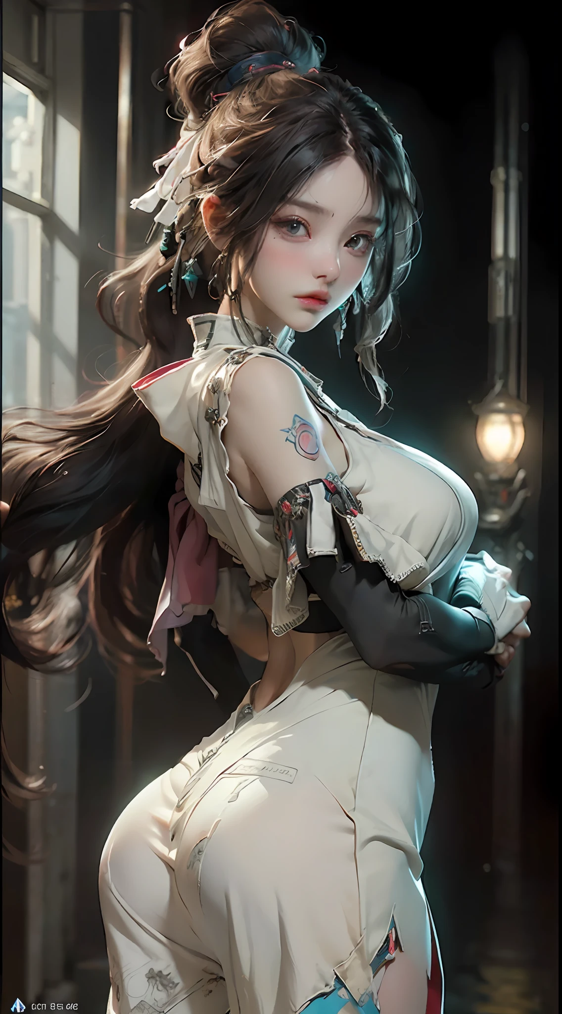 ((best qualtiy)), ((tmasterpiece)), (the detail:1.4), 3D, A beautiful cyberpunk female image,HDR（HighDynamicRange）,Ray traching,NVIDIA RTX,Super-Resolution,Unreal 5,Subsurface scattering、PBR Texture、post-proces、Anisotropy Filtering、depth of fields、maximum definition and sharpness、Many-Layer Textures、Albedo e mapas Speculares、Surface Coloring、Accurate simulation of light-material interactions、perfectly proportions、Octane Render、Two-colored light、largeaperture、Low ISO、White balance、the rule of thirds、huge tit，Big ass，A MILF，plumw，8K RAW、