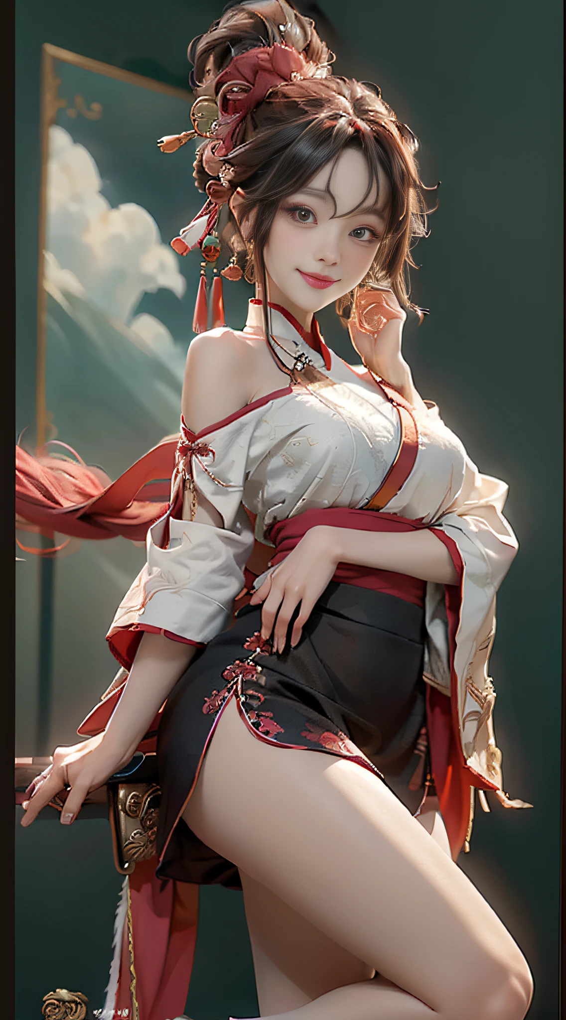 Official Art, Unified 8K Wallpapers, Ultra Detailed, Beautiful and Aesthetic, Masterpiece, Best Quality, (Zentangle, Tangle, Entangle), (fractal art: 1.4), 1girl, black hair, Chinese, bare shoulders, short skirt, calf, navel, very detailed, dynamic angle, cowboyshot, (most beautiful form chaos), flowing, (bright colors), oc, (half: 1.2), china, (thangka flying sky: 1.5), (ribbon: 1.3), (dream: 1.5), (hanfu: 1.5), Chinese dragon, Chinese phoenix, (smile: 0.5), (Chinese deity),