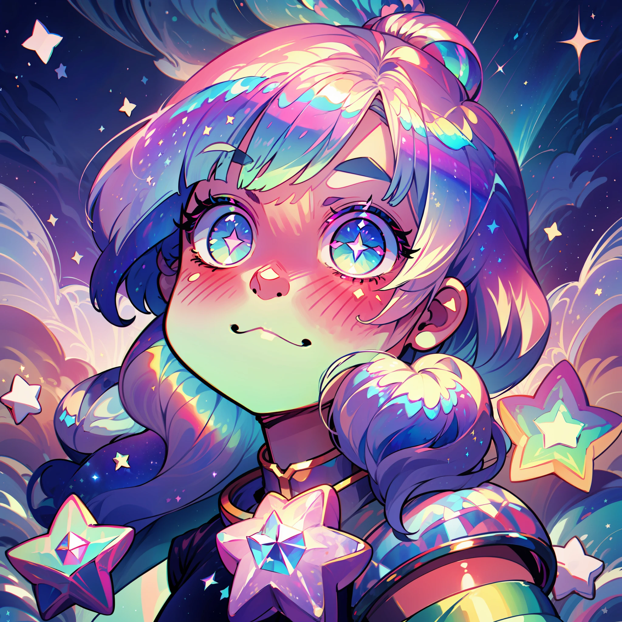 Con un enfoque extremadamente detallado en la textura y el brillo de las estrellas, This kawaii design features a seamless pattern of bright and colorful stars, iridiscent hair, iridiscent details, (((iridiscent colors))),