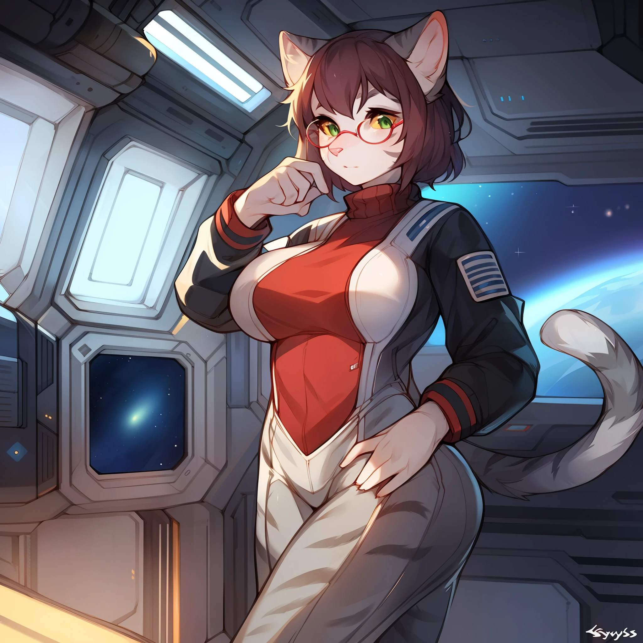 Solo, female, feline, cat, silver tabby, green eyes with yellow sclera, short dark maroon hair, standing, snout, pink nose and pink inner ear, medium big breasts, (((red glasses))), ((by spuydjeks, by bebebebebe)), ((very light grey body with light grey stripes)), spacesuit, turtleneck, uniform, space, spaceship, window