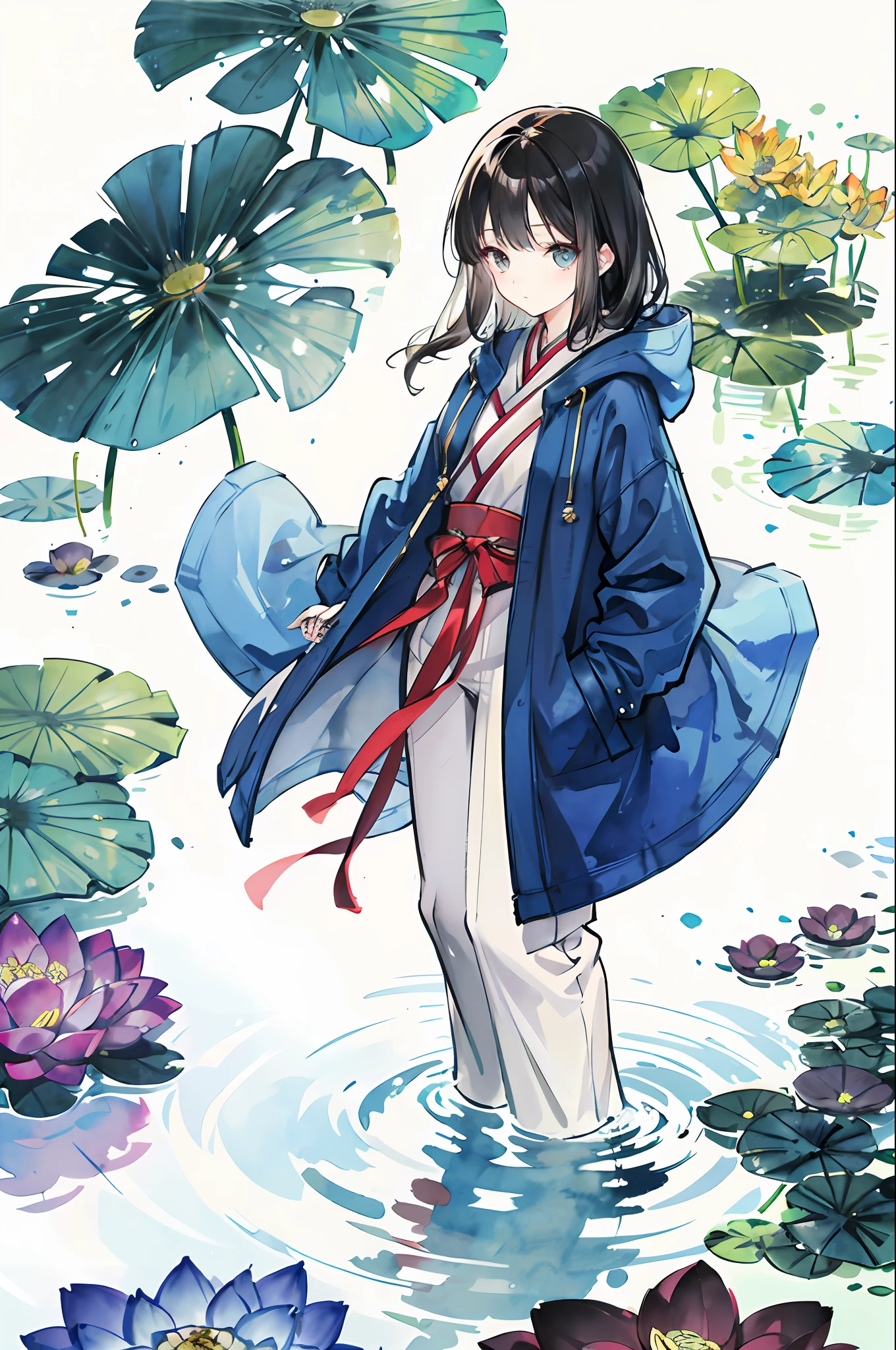 1girl,Sateen,coat large,Put your hands in your pockets,Hanfu,stood in the water,ink and watercolor painting,lotuses,Side Body,looking at viewert
