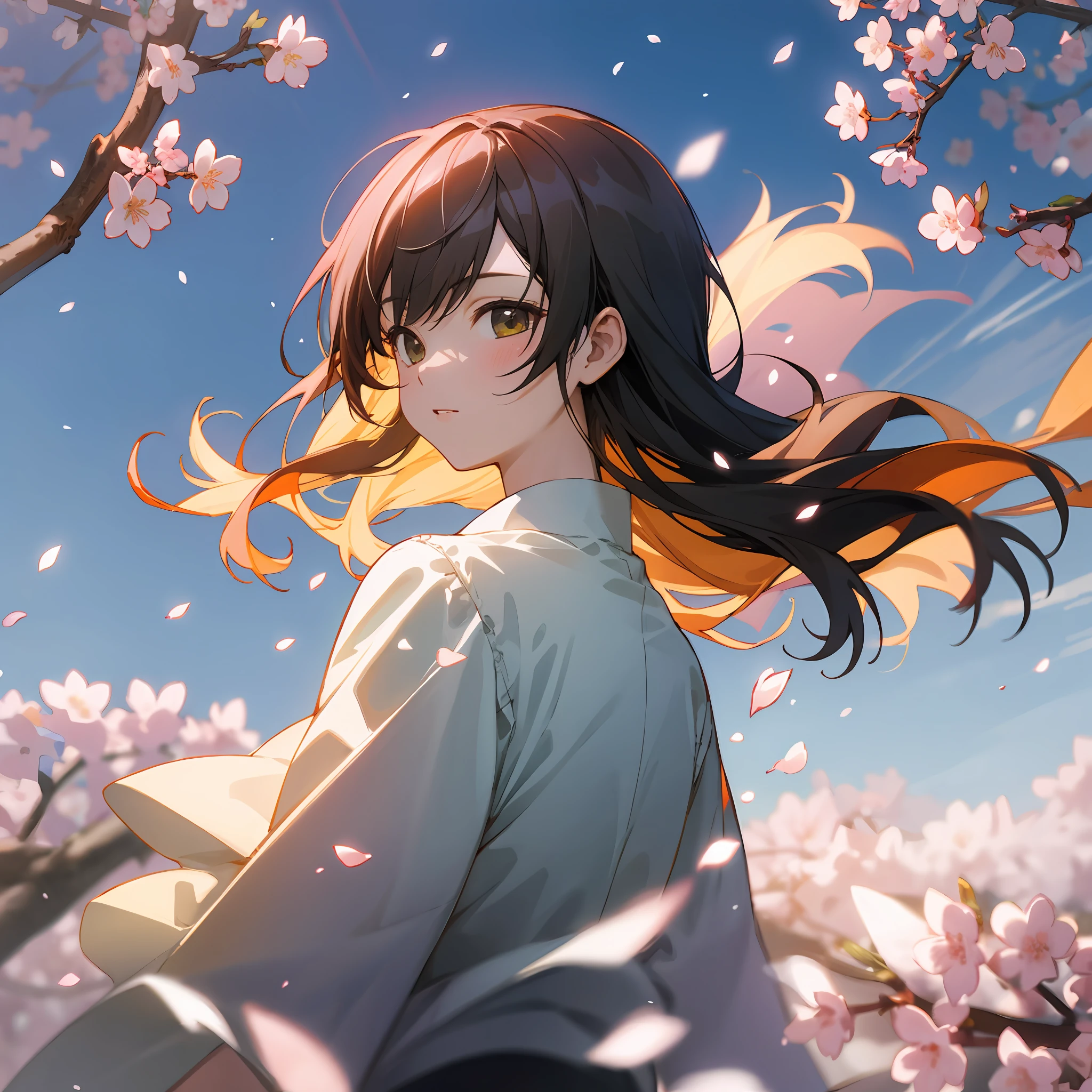 masterpiece, best quality, highres, game cg, 1girl, shiina mahiru, cherry blossoms, petals, flying petals, wind, upper body