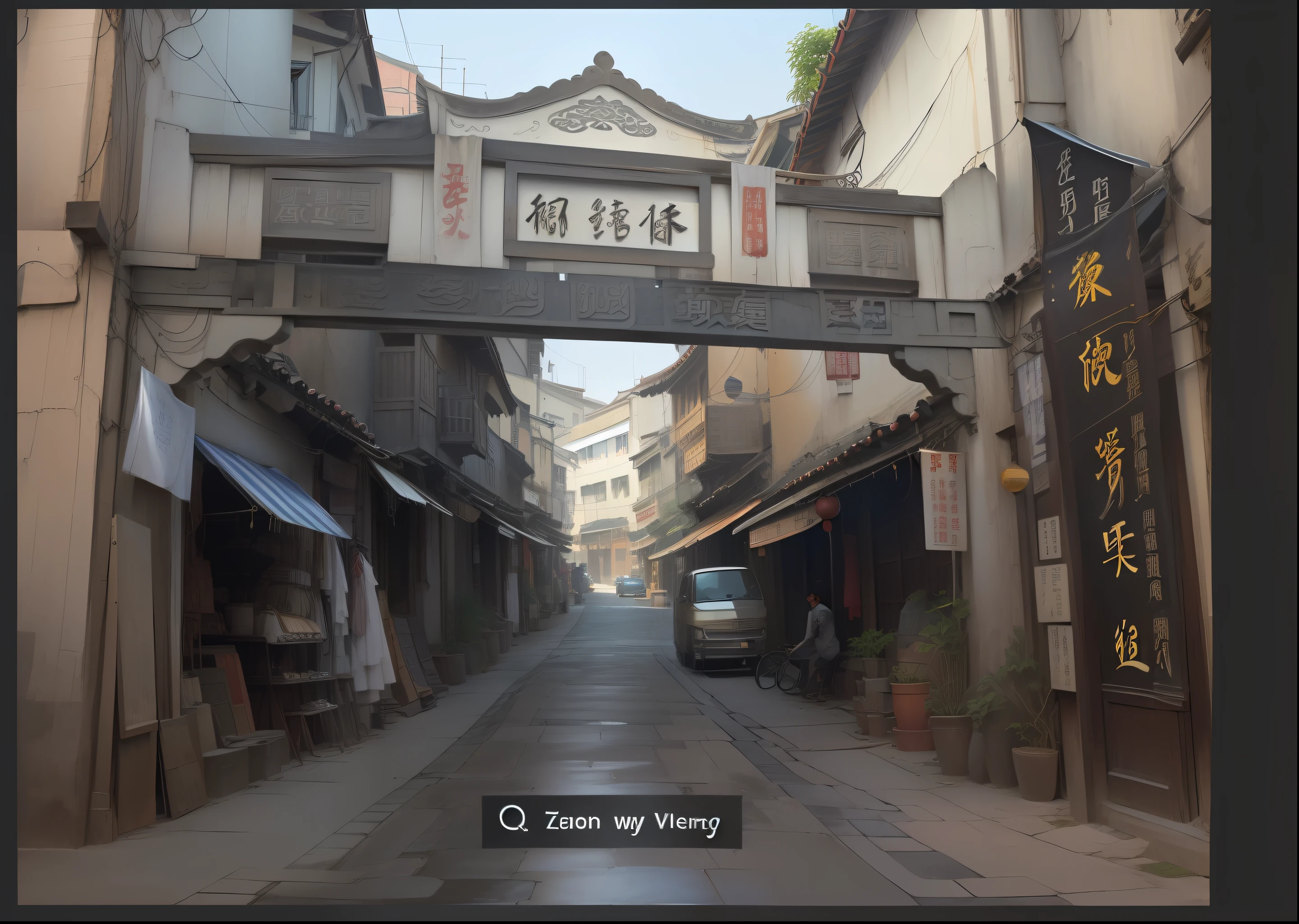 There is a street,There is a bridge above,There is a sign on it, ancient city streets behind her, old city, guangjian, zhouzhuang ancient town, in a narrow chinese alley, narrow and winding cozy streets, Old town, ancient city of white stone, colonial era street, china town, wet market street, author:Qu Leilei