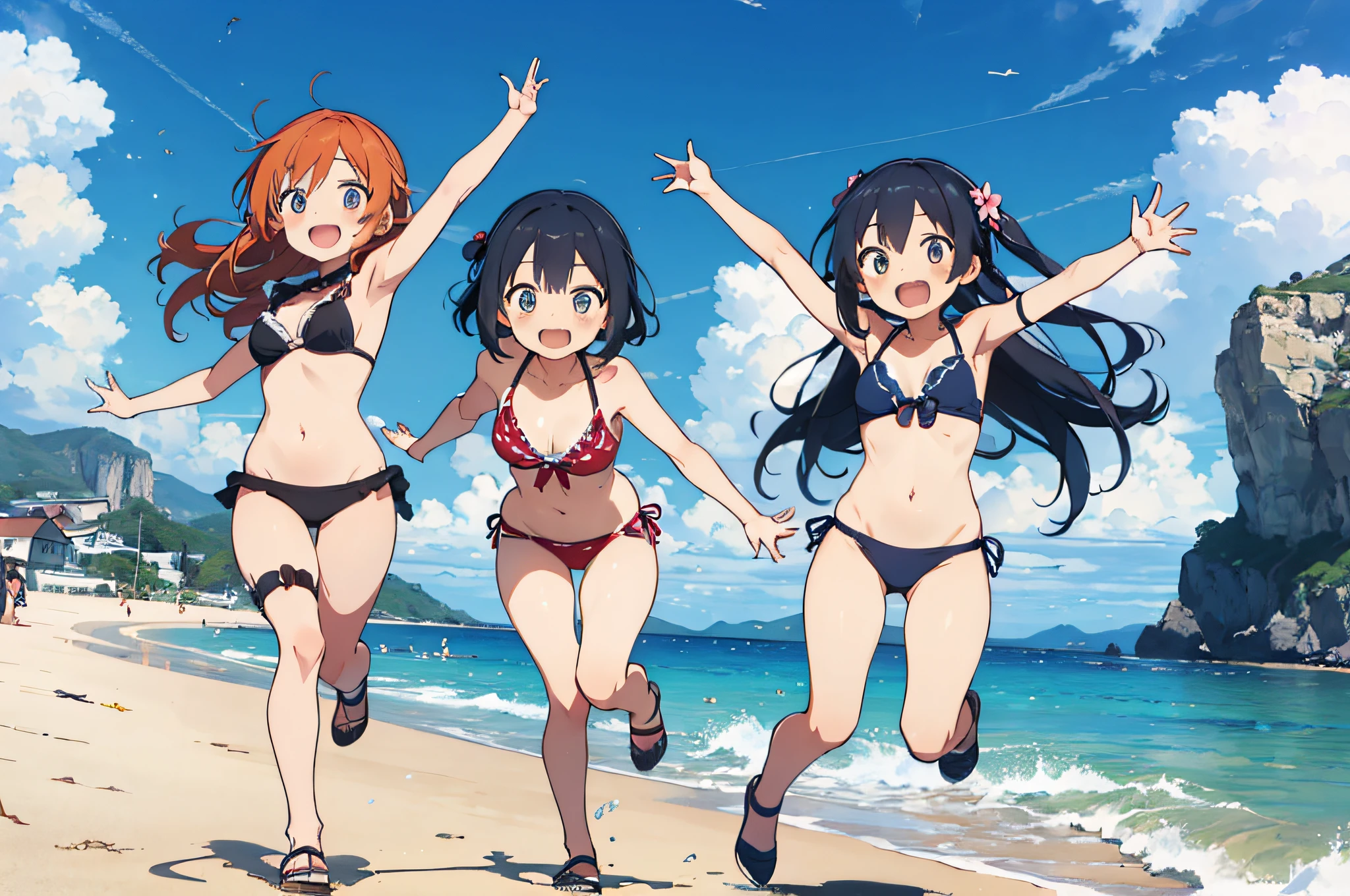 master piace, highest quality,ultra-detailliert,8K_wall-paper,(beautidful eyes),((cute little)),(Wonderful),(k),anime moe art style,Three girls frolicking on a sunny beach,bikini,Smile,Dynamic Pose,Open mouth|close mouth,Full body,bare-legged,,