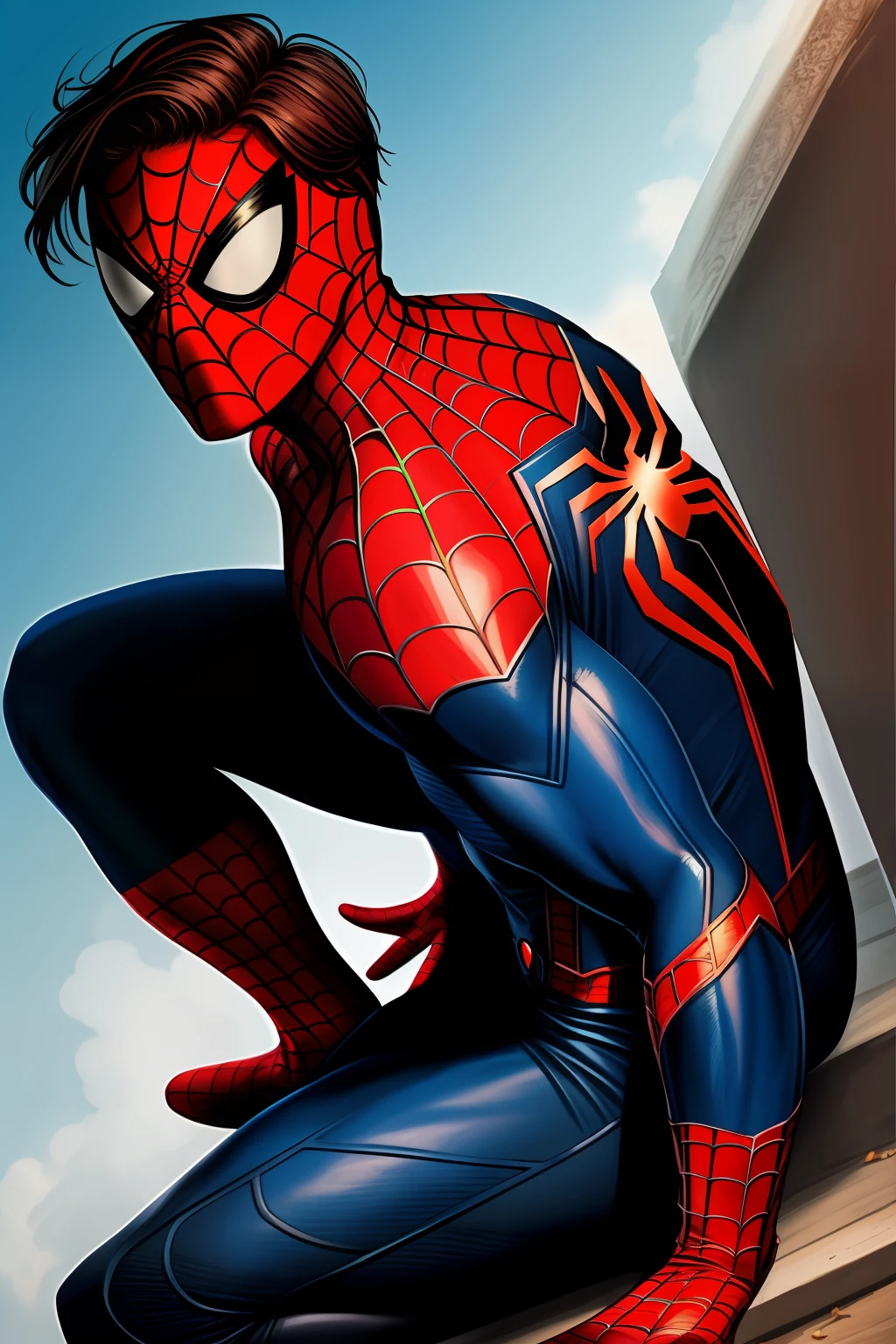 Male Spider-Man
，brunette color hair，Red eyes