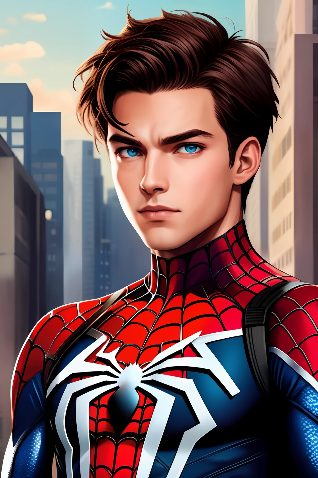 Male Spider-Man
，brunette color hair，Red eyes