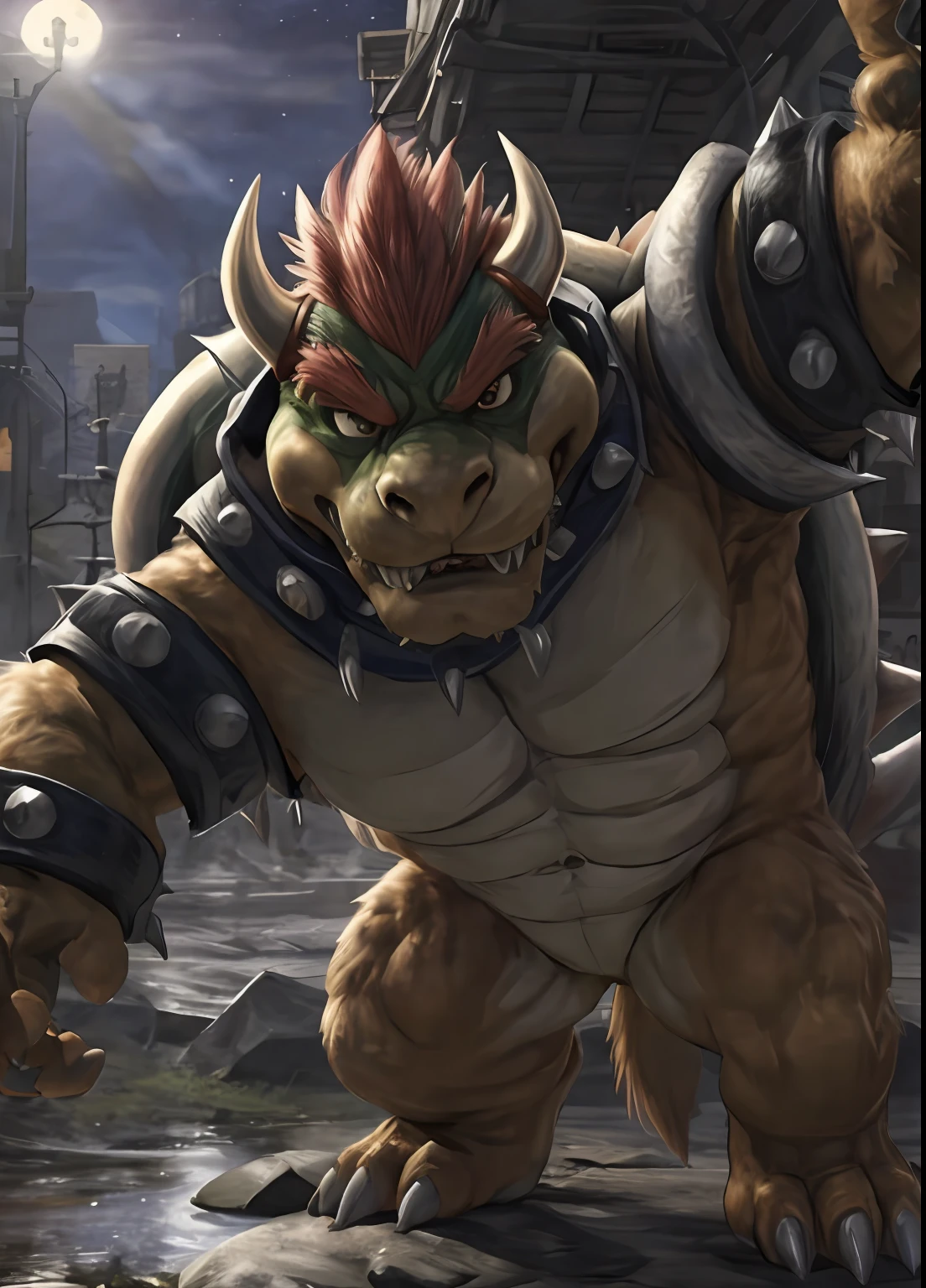 Kemono,Bowser, Nintendo , selvagem, marsh, noite, atletic, olhos deatiled, Escuro, ofuscar, retrato, (pose de luta), fear expression, dente canino, disco Rigido, sombras escuras, wide dynamic range, HDR, Baixa luz:1.2, Directed by: Daeni Pinho, (por ruaidri), por virtyalfobo, 4K分辨率, renderizado, perfect hands, dedos perfeitos