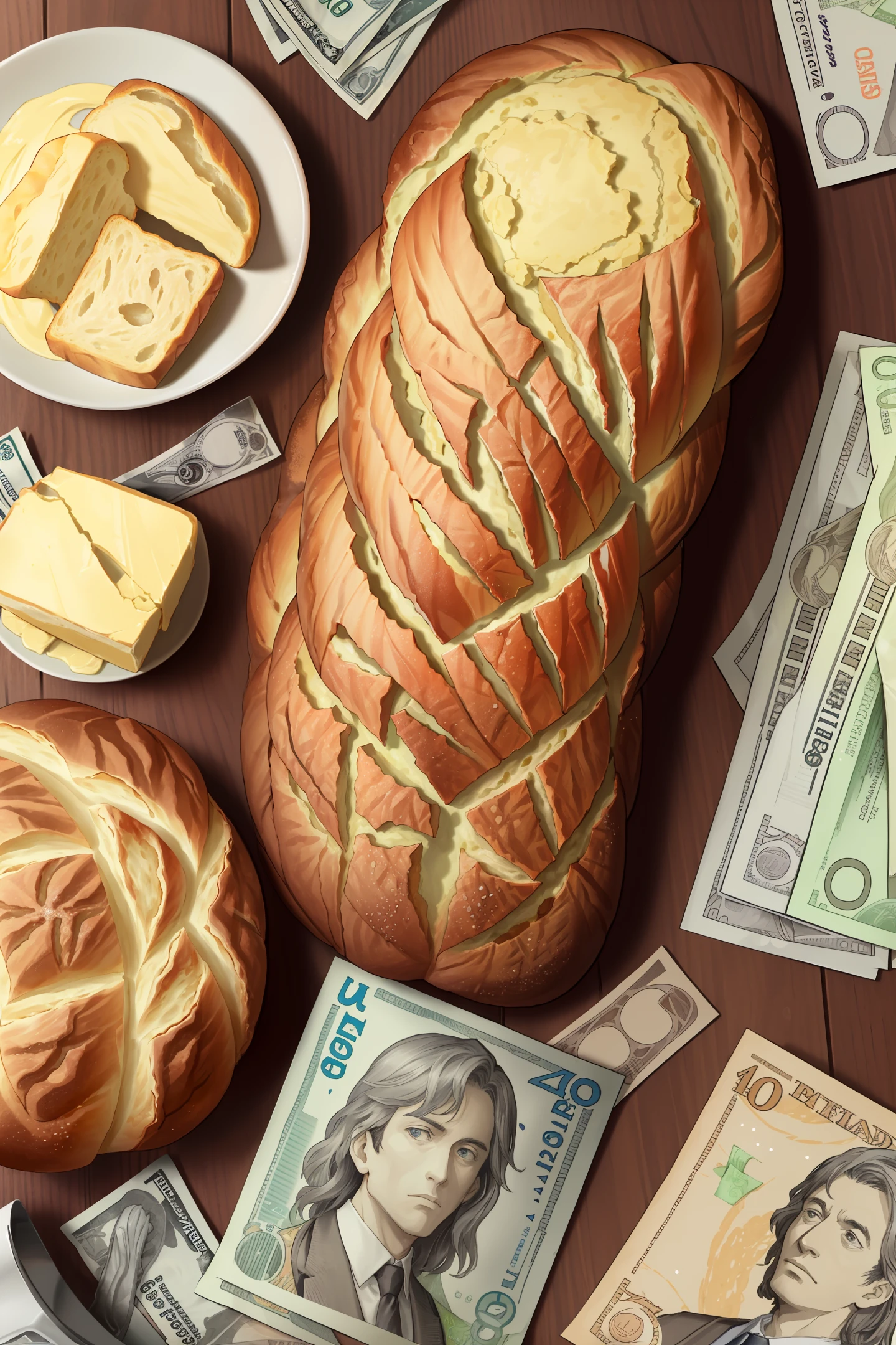 breads，large intestine，butter，banknotes