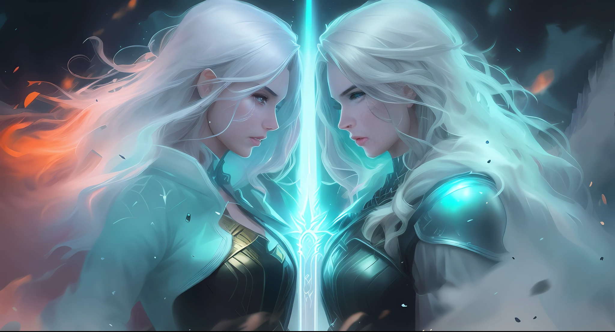 Anime, Two women face to face，Sword in hand, Epic fantasy digital art style, beautiful sci - fi twins, abaddon and magali villeneuve, Ice and fire, Epic fantasy art style, Epic fantasy art style HD, Symmetrical epic fantasy art, graphic artist magali villeneuve, alena aenami and artgerm, rossdraws 2. 0