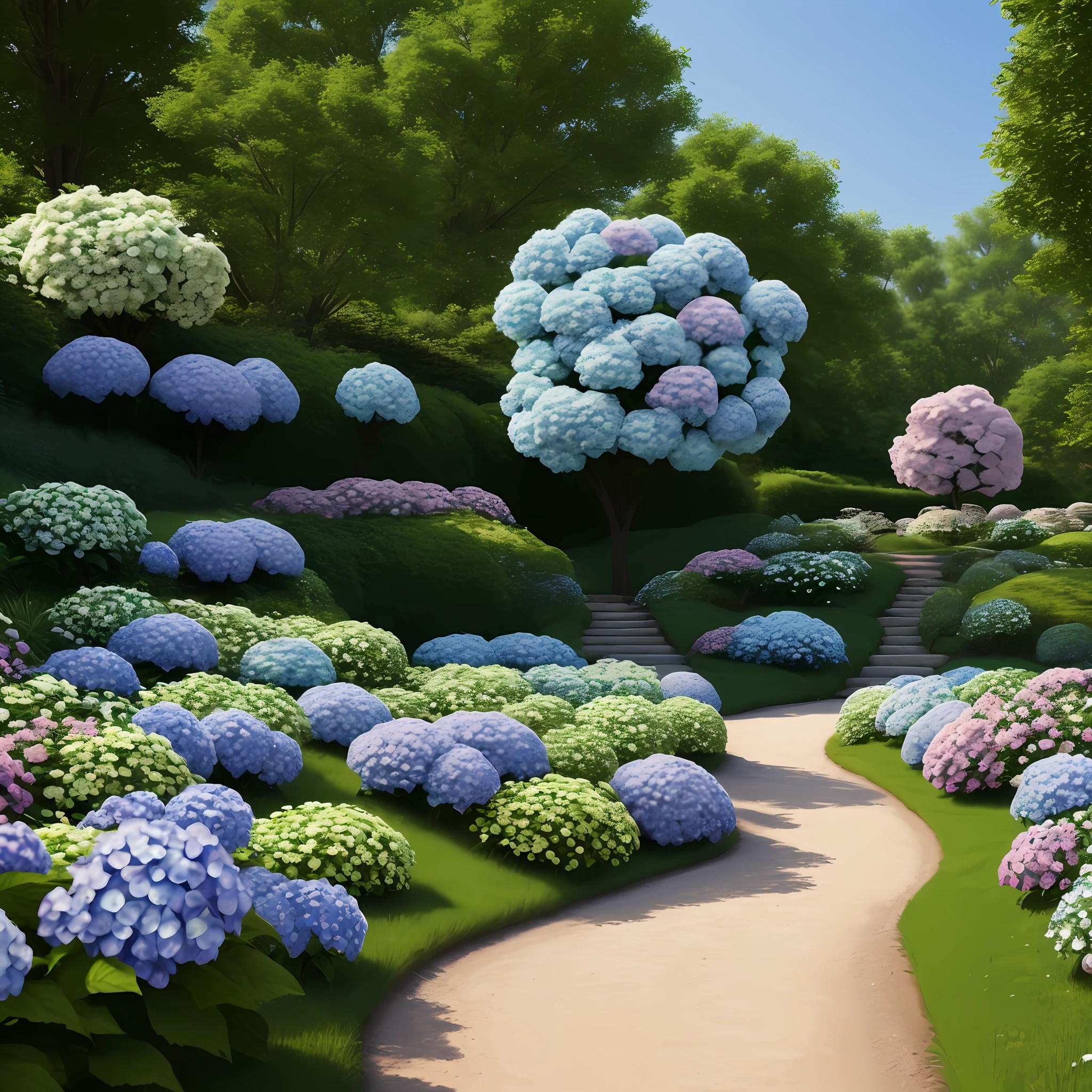 Hydrangeas, park, lake, small hill, pebble path, masterpiece, best quality, anatomically correct, high details, 8K, wallpaper --auto