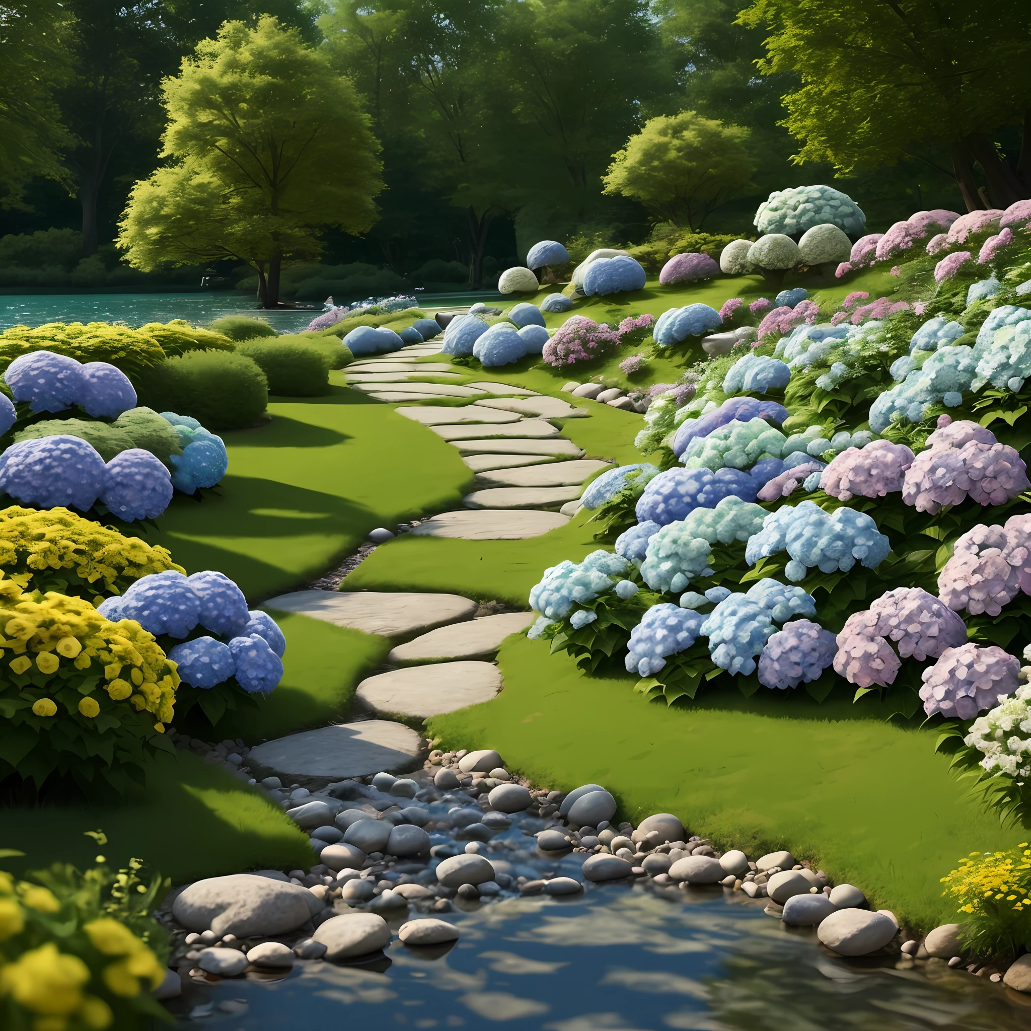 Hydrangeas, park, lake, small hill, pebble path, masterpiece, best quality, anatomically correct, high details, 8K, wallpaper --auto