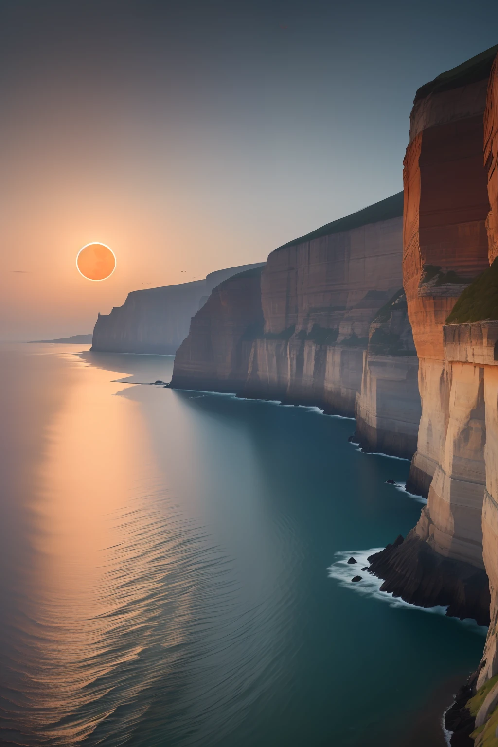Close to the cliffs at right angles,Particularly round red moon,misterious,The gray sky is pure and cloudless,The picture color is clean,8K HD realism,