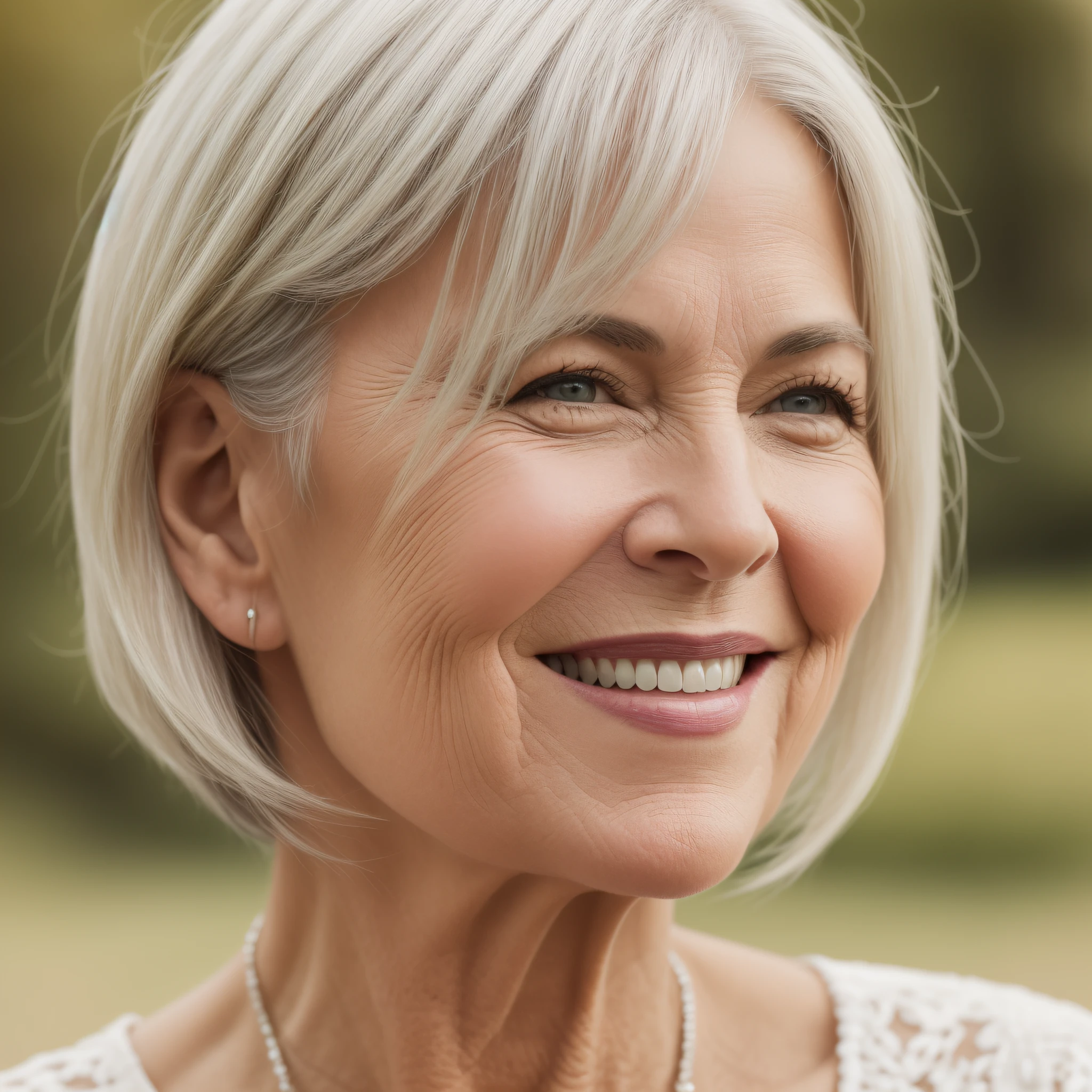 Capture the beauty and charm of a lovely 45-year-old woman with white hair, using the Nikon D850 camera and the Nikkor 24-70mm f/2.8E ED VR lens. Position yourself to capture a close-up portrait that highlights her radiant smile and the confidence that comes with age. Pay attention to the lighting, ensuring it enhances her features and brings out the natural shine of her hair. Capture the sparkle in her eyes and the warmth in her smile, showcasing her inner joy and self-assuredness. Focus on the details, such as the subtle lines and wrinkles that add character and depth to her face. By capturing this authentic and captivating moment, you will create an image that celebrates the beauty and grace that come with embracing one's age and exuding confidence at any stage of life.