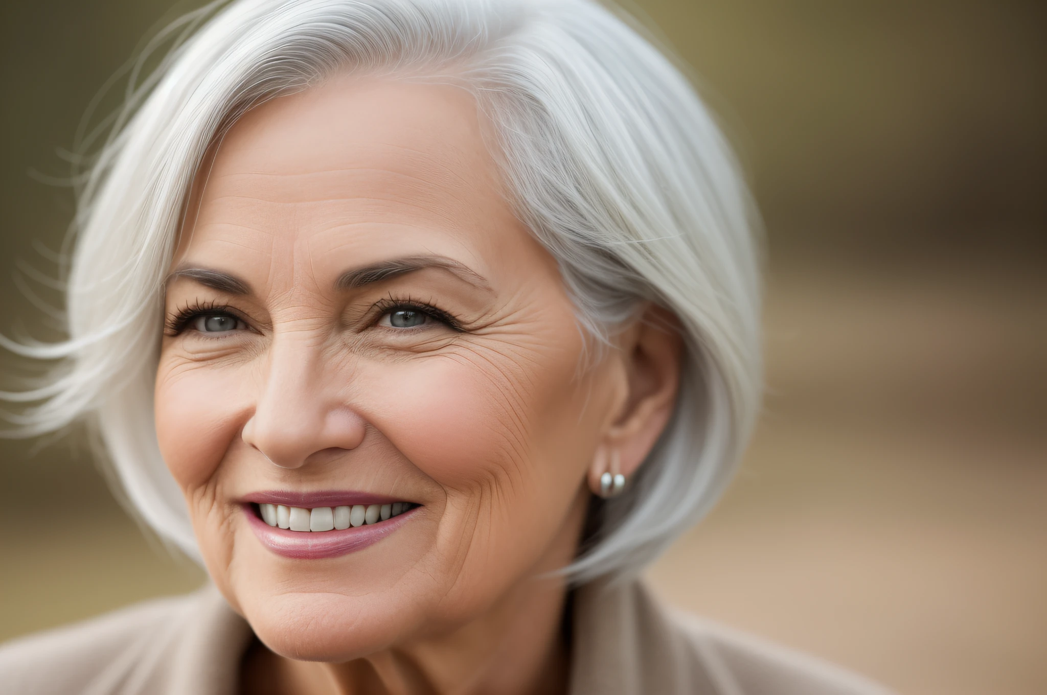 Capture the beauty and charm of a lovely 45-year-old woman with white hair, using the Nikon D850 camera and the Nikkor 24-70mm f/2.8E ED VR lens. Position yourself to capture a close-up portrait that highlights her radiant smile and the confidence that comes with age. Pay attention to the lighting, ensuring it enhances her features and brings out the natural shine of her hair. Capture the sparkle in her eyes and the warmth in her smile, showcasing her inner joy and self-assuredness. Focus on the details, such as the subtle lines and wrinkles that add character and depth to her face. By capturing this authentic and captivating moment, you will create an image that celebrates the beauty and grace that come with embracing one's age and exuding confidence at any stage of life.