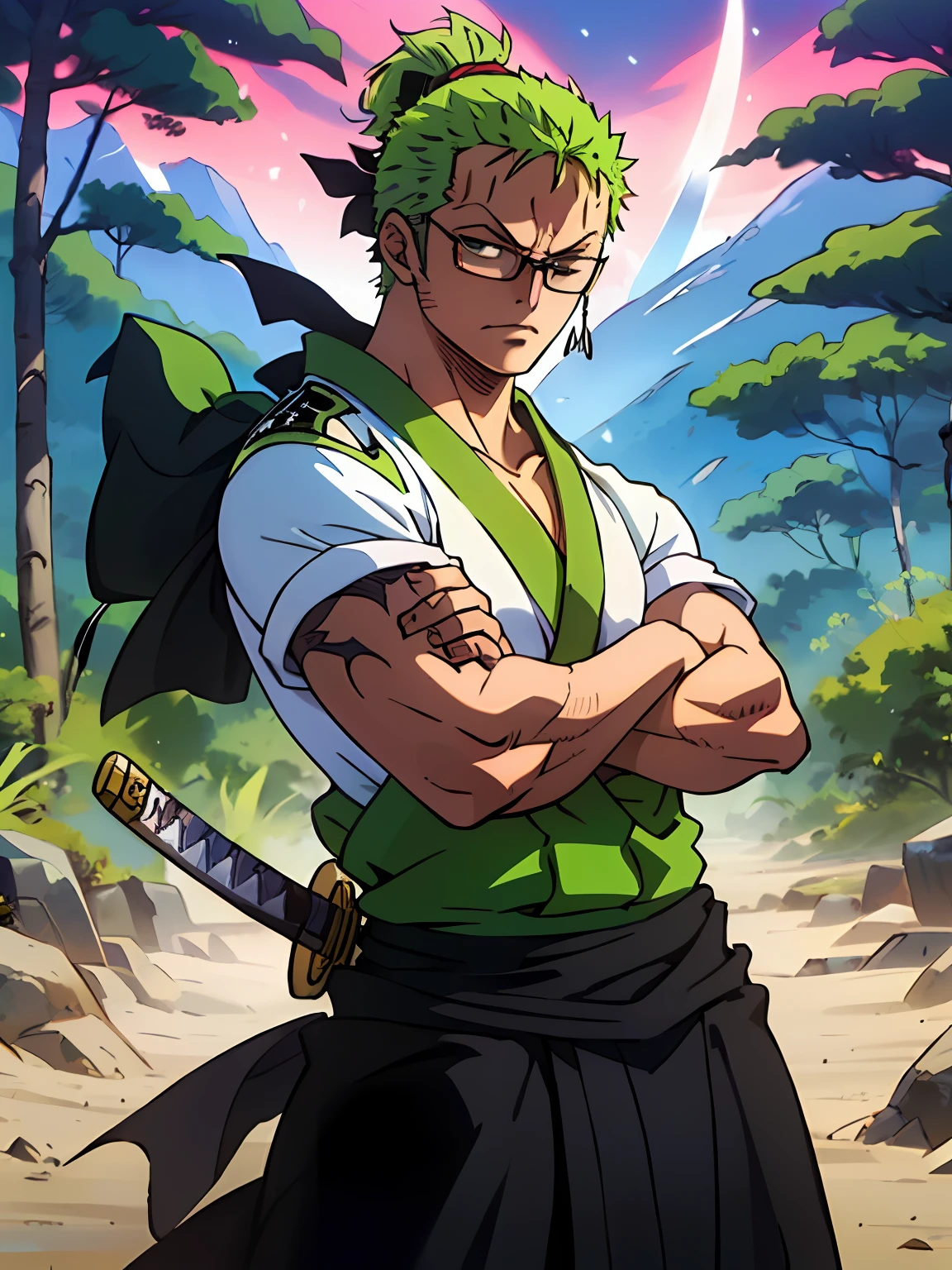 Roronoa Zoro (trabalho prima, 4K分辨率, ultrarrealista |, muito detalhado), (Tema de samurai branco, carismatic, There is a swordsman with his arms crossed beside a "Isakaya" Japanese Bar, vestindo um quimono azul com detalhes de nuvem no "Obi" faixa, he is commander of the first division of the leader of the mugiwara band, trabalho "one piece"), [ ((19 anos), (curtos cabelos verdes:1.2), corpo inteiro, (olhos azuis:1.2), ((Roronoa Zoro's cross squares pose), demonstration of strength, desembanhando sua katana), ((Environment inside an optical store ):0.8)| (paisagem rural, ao entardecer, dynamic lights), (sol ofuscado))]. # Explanation: The Prompt mainly describes a 4K painting of ultra-high definition, muito realista, muto detalhada. Ele mostra um espadachim, mestre do estilo Santoryu de katanas, vestindo um quimono azul com detalhes de nuvem na faixa da cintura. The subject in the painting is a subject of a white swordsman, holding with one hand his black katana enma, o protagonista masculino tem curtos cabelos verdes, is 19 years old and his entire defined body is shown in the painting, with characteristics of pumped endomorph , wearing prescription glasses.