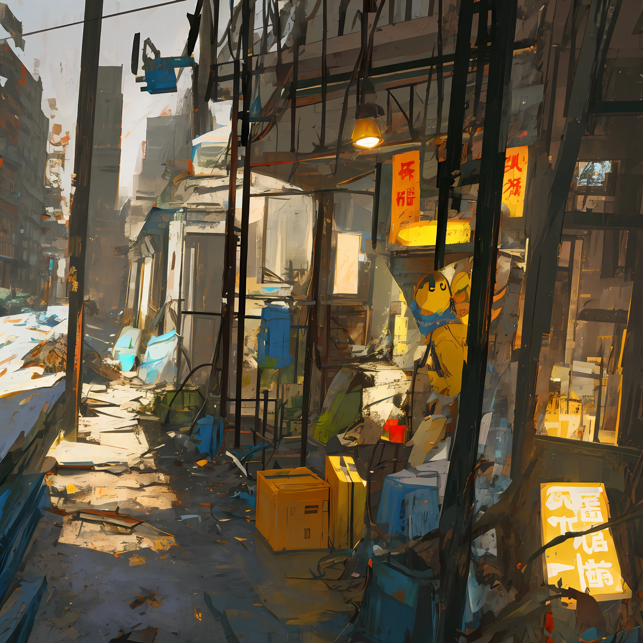 Broken mech，Fell aside，Dilapidated city。