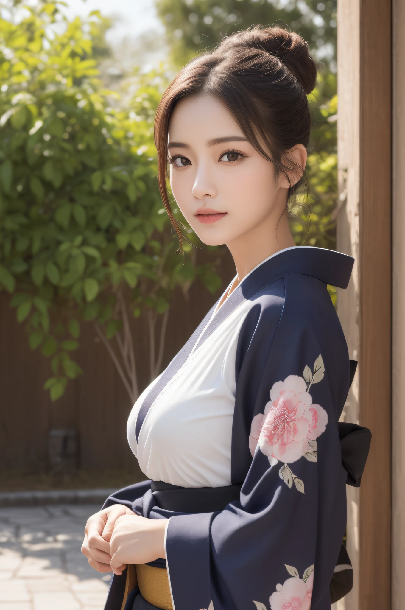 ((top-quality、8k masterpieces:1.3))、foco nítido:1.2、(ultra beautiful faces:1.0)、(Slender Abs Beauty:1.0)、(shinny skin:1.0)、photos realistic、A dark-haired、Video Lighting、High-definition eyes and face、Video Lighting、(cowboy shot:1.3)、(Kimono、Hakama、Obi:1.4)、(Korean Cute Actress)、Traditional kimono、from the front side、medium large breasts、A slight smile