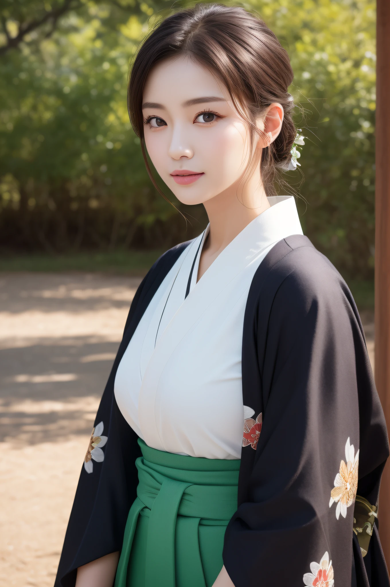 ((top-quality、8K、a masterpiece of:1.3))、foco nítido:1.2、(ultra beautiful faces:1.0)、(Slender Abs Beauty:1.0)、(shinny skin:1.0)、photos realistic、A dark-haired、Video Lighting、High-definition eyes and face、Video Lighting、(cowboy shot:1.3)、(Kimono、Hakama、Obi:1.4)、(Korean Cute Actress)、Traditional kimono、from the front side、medium large breasts、A slight smile