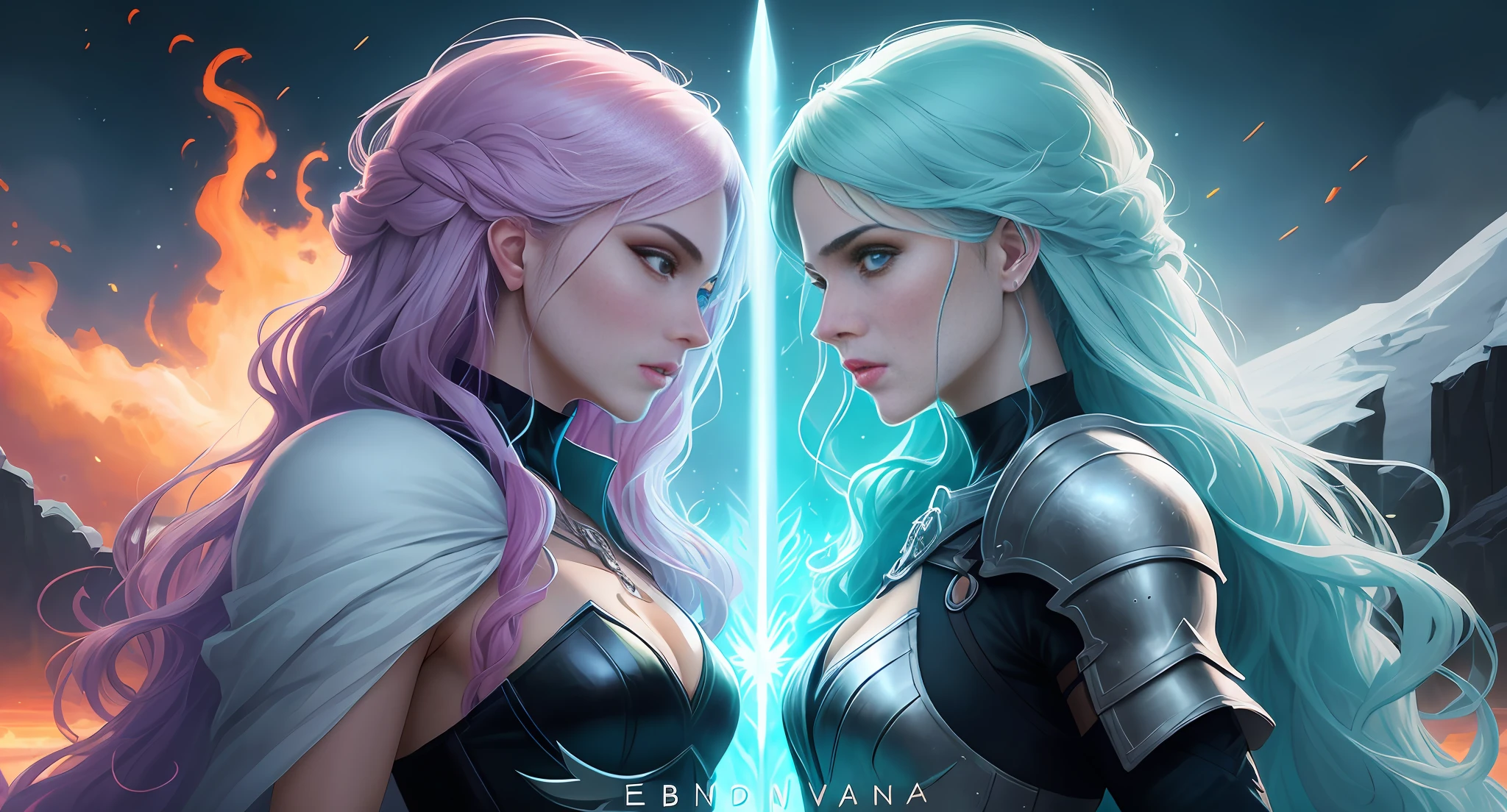 Anime, Two women face to face,Sword in hand, Epic fantasy digital art style, beautiful sci - fi twins, abaddon and magali villeneuve, Ice and fire, Epic fantasy art style, Epic fantasy art style HD, Symmetrical epic fantasy art, graphic artist magali villeneuve, alena aenami and artgerm, rossdraws 2. 0