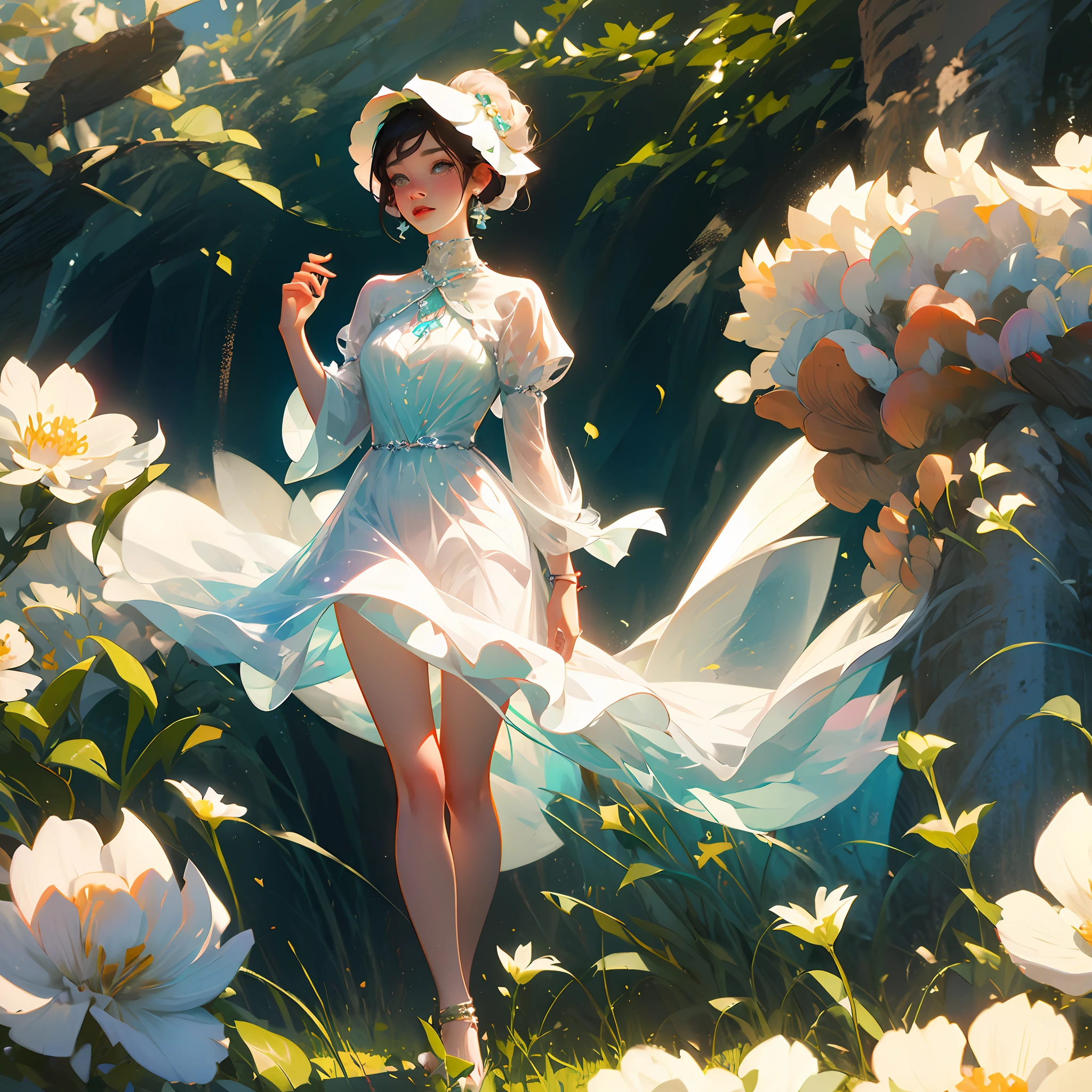 A young woman in a white dress with a fluttering fairy spirit --auto
