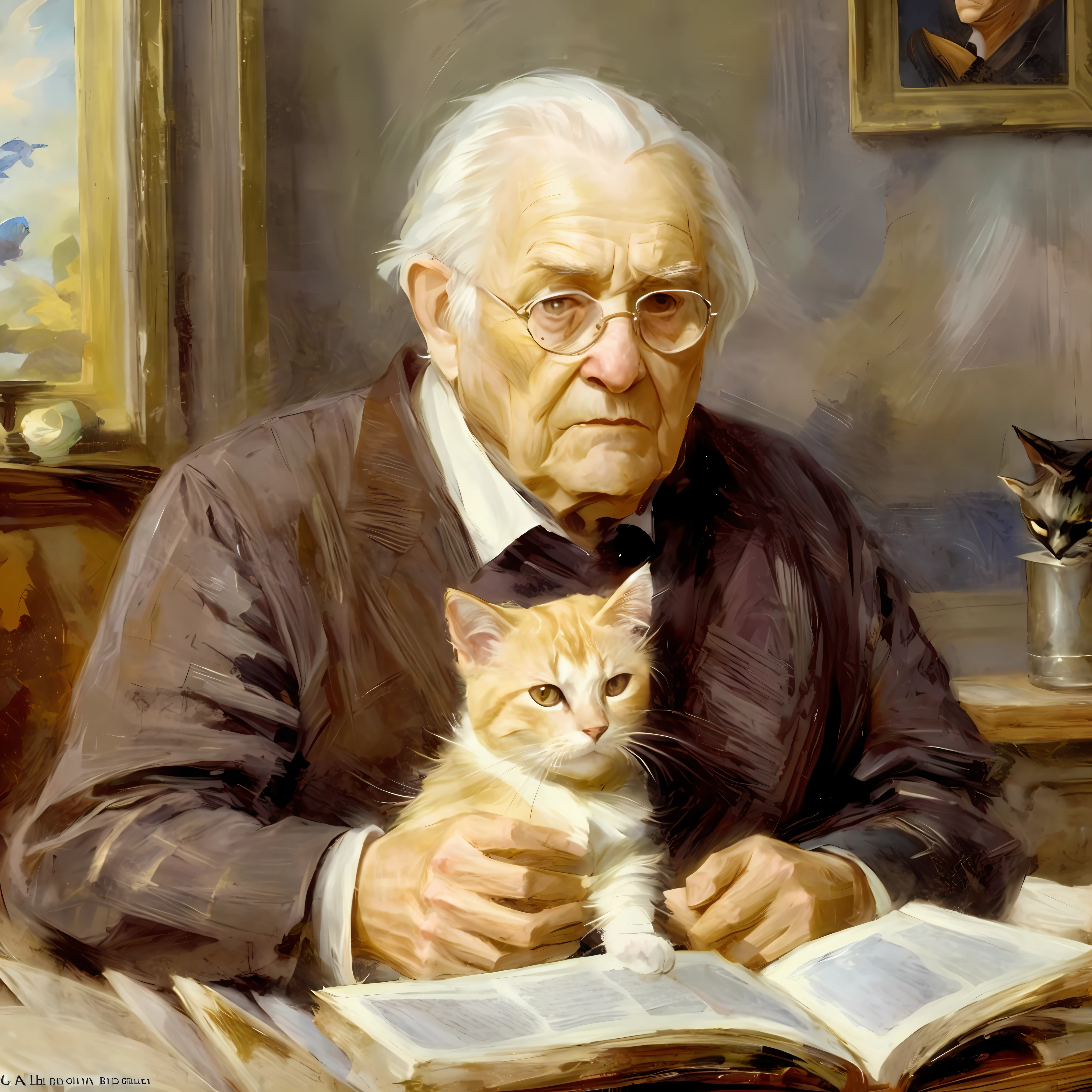 pintura de um velho segurando um gato e lendo um livro, Danile Gerhartz, Directed by: Franz Hegi, Berthold Woltze, Directed by: Laszlo Balogh, Directed by: Harrington Mann, Directed by: Howard Lyon, Directed by: Albert Bertelsen, Directed by: Hubert von Herkomer, Tolkien e Michael Komarck, Directed by: James Gurney