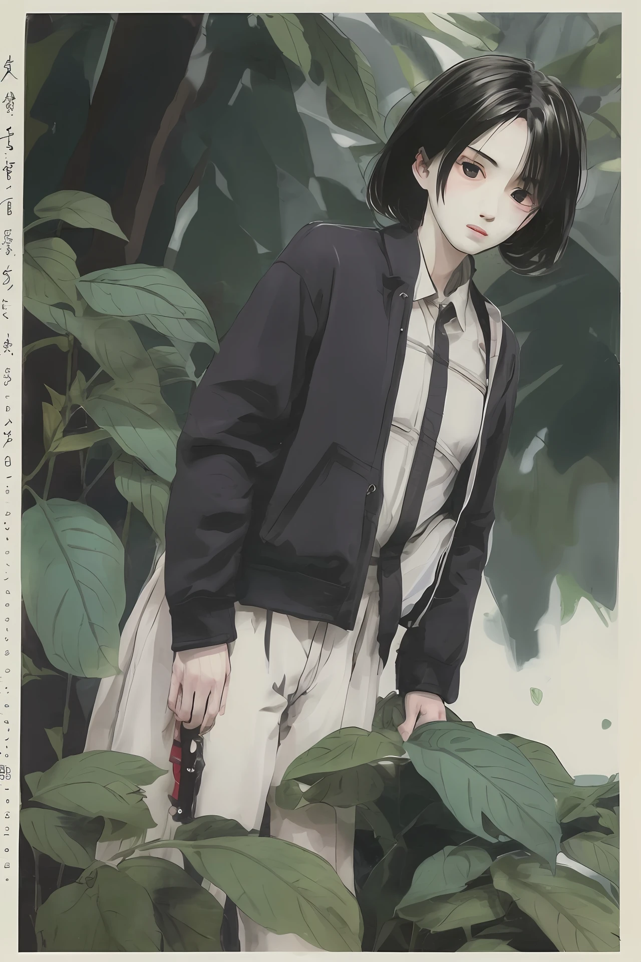 175cm height,He was not wearing any human clothes,Only the key parts are obscured by green leaves。