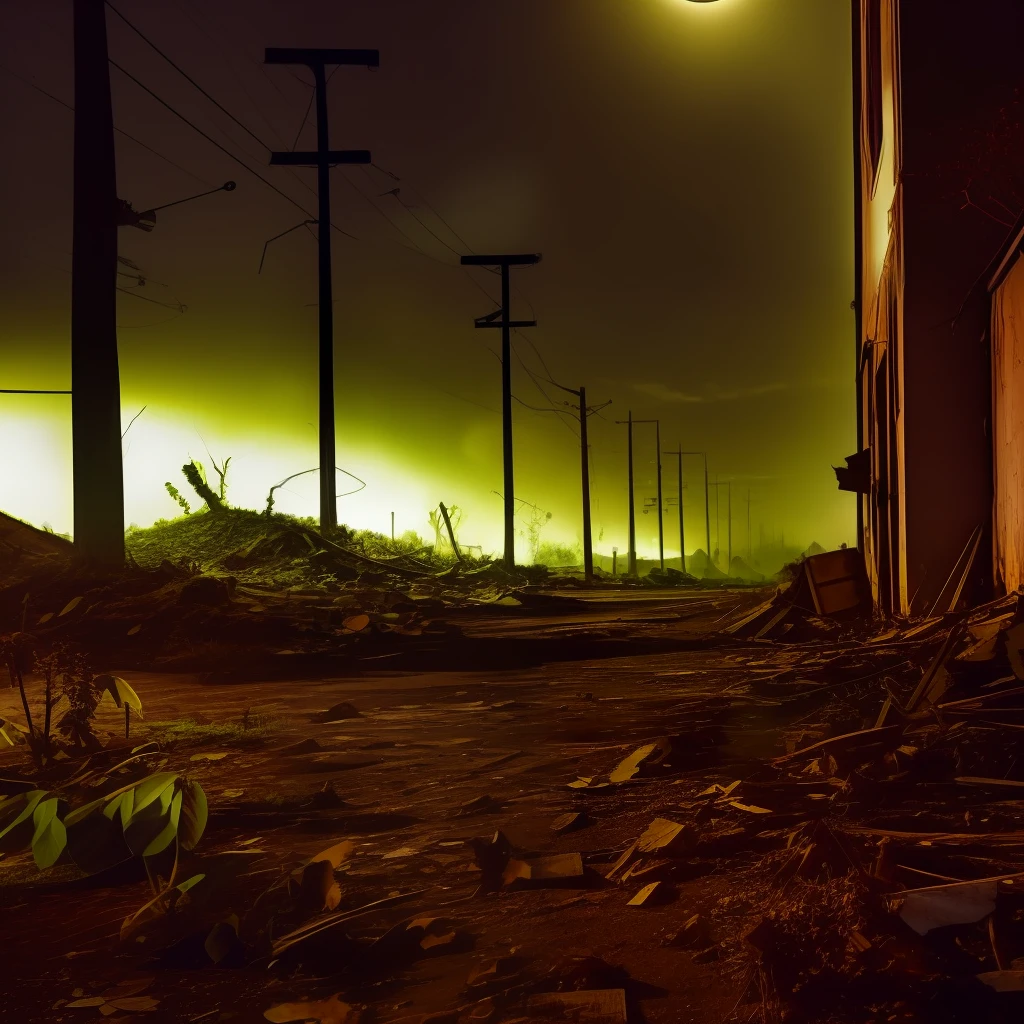 Plants overtaking an abandoned city, destruction, end of the world, horrific creatures dwell in the dark streets, disposable camera, realistic, gloomy
