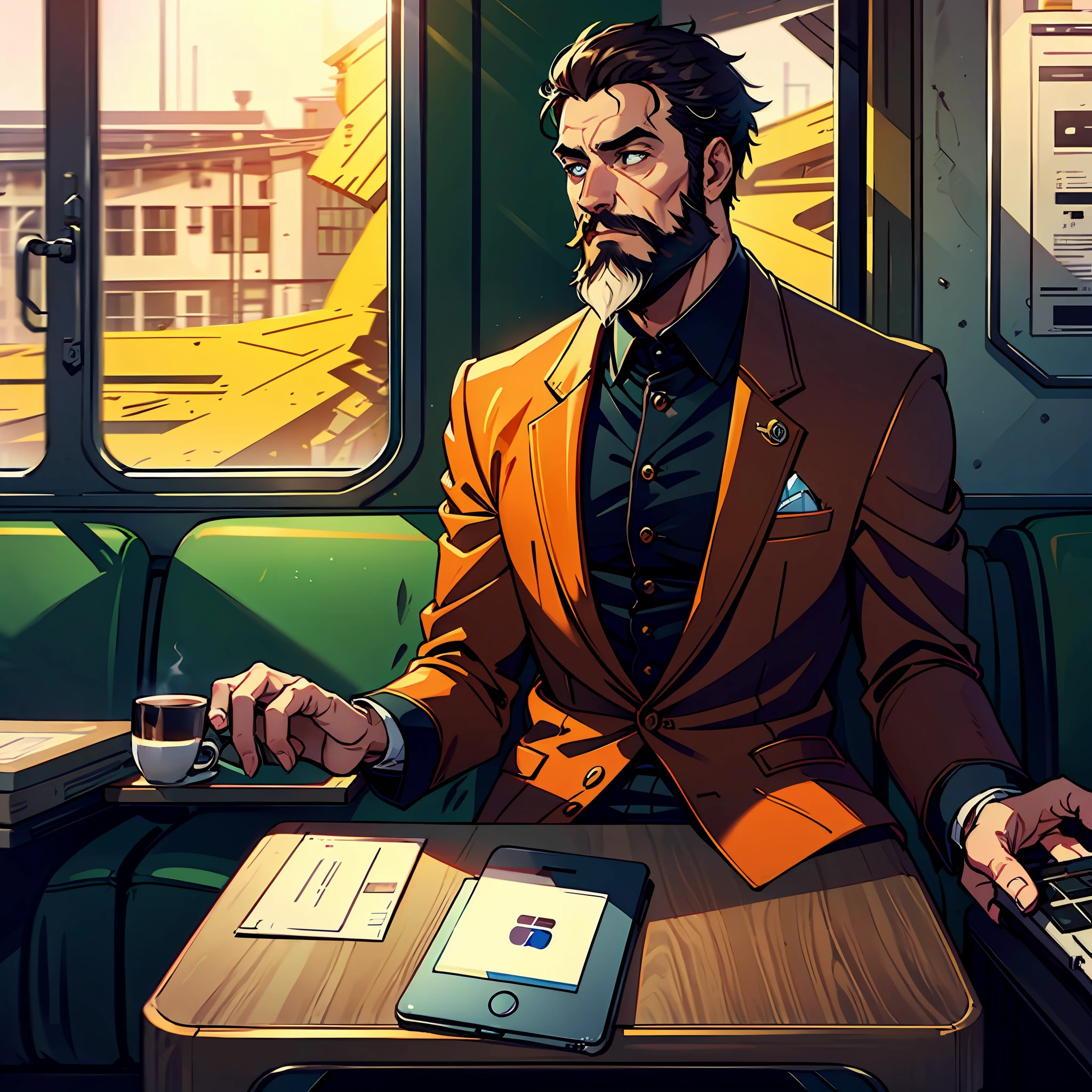 Train compartment man looking out the window beard laptop suit coffee --auto