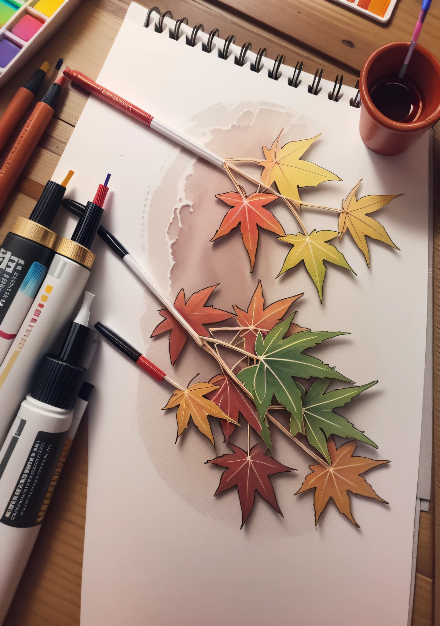 Line drawings colored, watercolored, maple red, other parts blank --auto