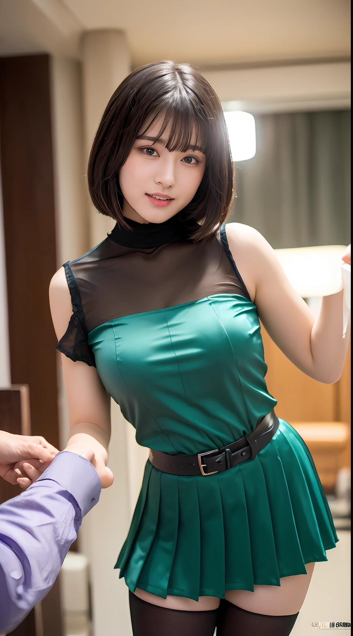 Beautiful college girl is touching the crotch of the man next to her (shiny satin lavender color high neck dress, high neck, satin moss green box pleated skirt, tights, black shiny boots), best quality, high resolution, 8k, 1girl, (huge breasts :1.0), (bangs, short hair), (shiny skin, look at the viewer, Seductive expression) (upper body: 2.1)) soft lighting, wind, sun, bright, indoors, hairy man is being touched in the crotch by a beautiful college girl next to him (excited expression, grabbing the chest of a beautiful college girl with his hands)