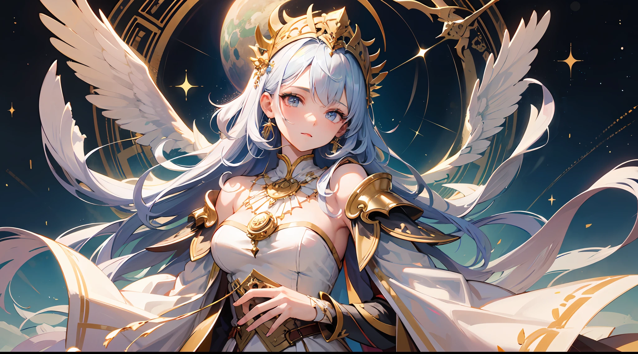 ​masterpiece、Detailed illustrations、In front of the castle gate at night、Milky way、Big water planet in the sky、Skeleton faithful to human anatomy、ruddy skin、Young Beauty Bishop、Jeweled necklace、Vast sky、、Performing healing magic、Healing wounds in small animals、Young Beauty Bishop、Detailed and fine embroidery of gold thread on a white background、(Dressed in a tunic)、Brown Shorthair、(Beauty with a huge sword)、White slacks embroidered with gold thread、Dressed in a white robe、High contrast、