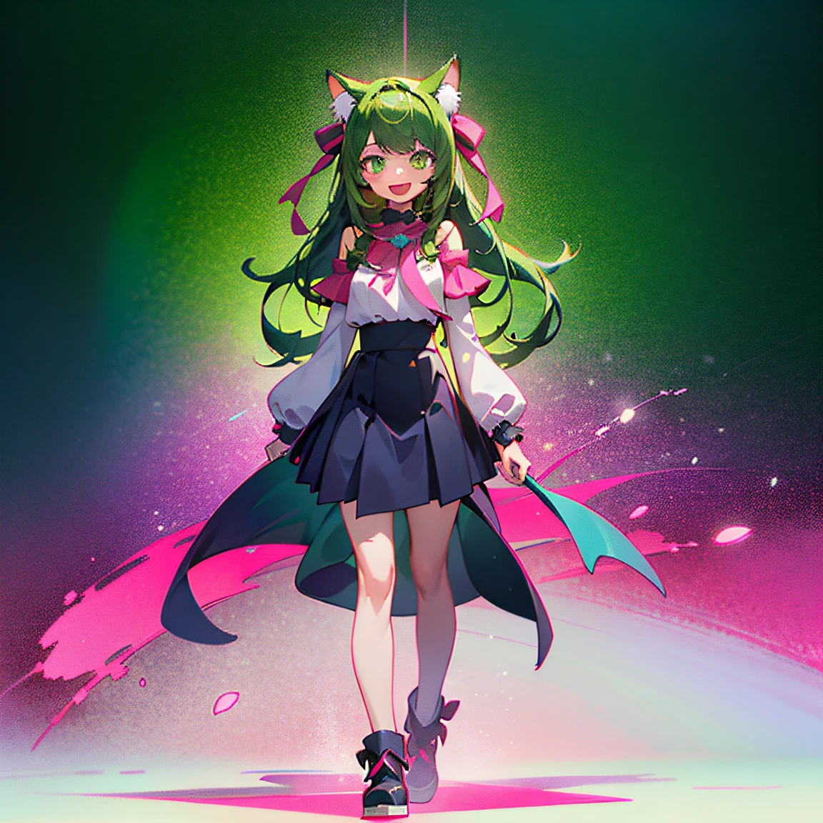 full body, upright, arms at sides, looking at viewer, pure-colored background, 1girl, open mouth, green hair, cat ears, smile, wearing blue and pink