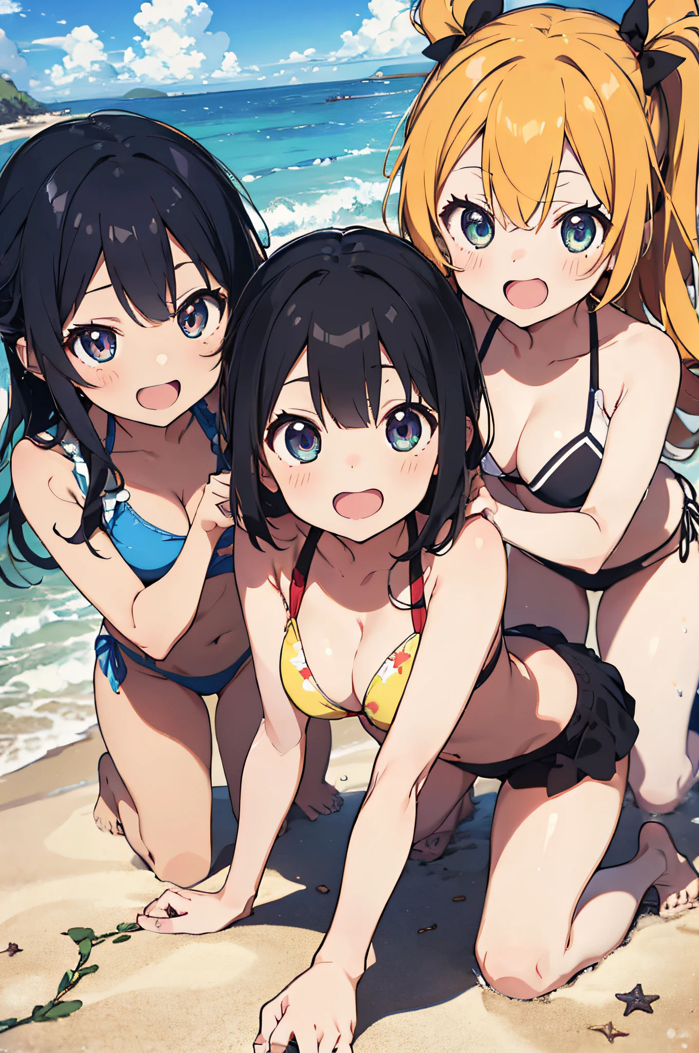 master piace, highest quality,ultra-detailliert,8K_wall-paper,(beautidful eyes),((cute little)),(Wonderful),(erotick),anime moe art style,Three girls frolicking on a sunny beach,bikini,Smile,Dynamic Pose,Open mouth|close mouth,Full body,bare-legged,,