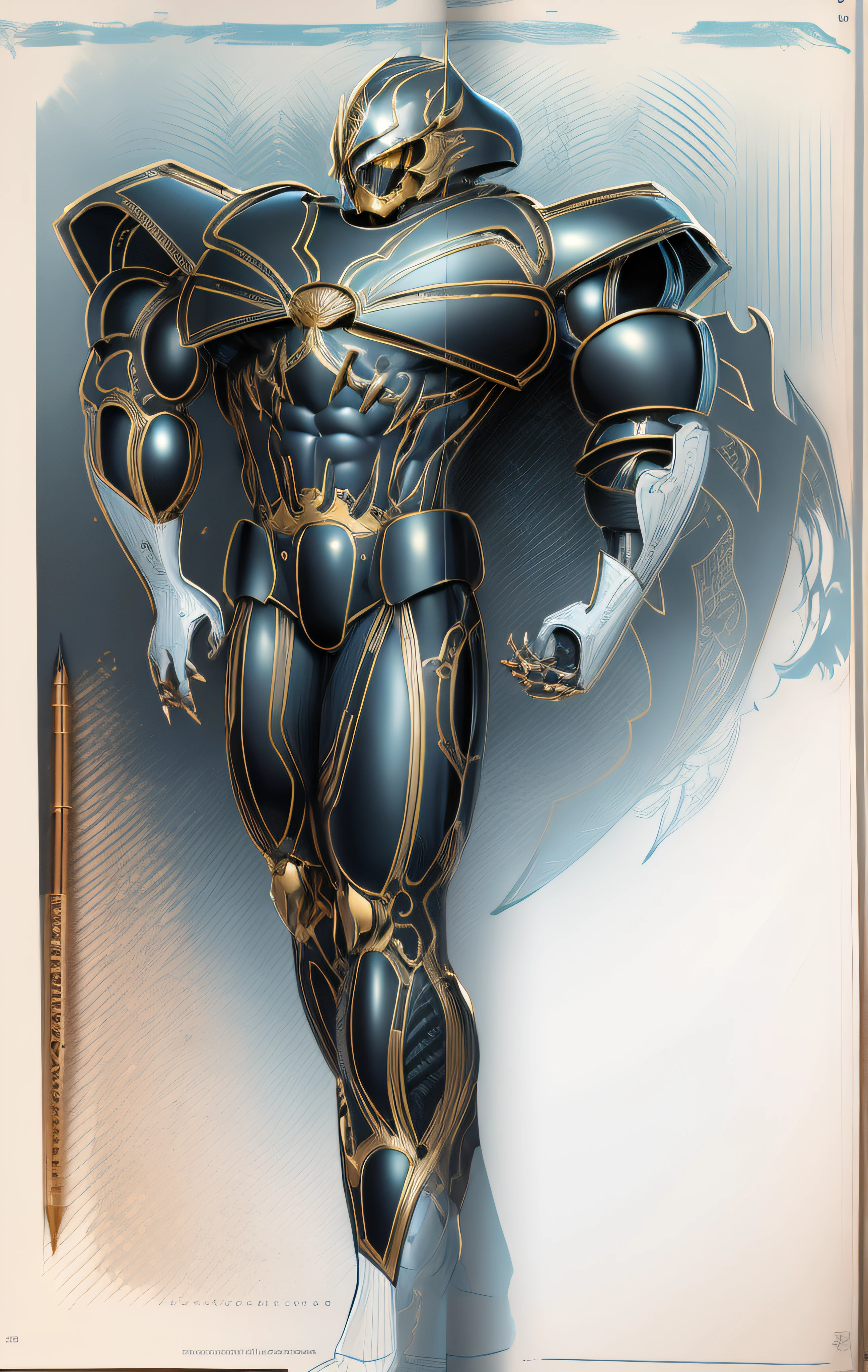 um desenho de um homem em armadura com uma espada, inspirado por Rob Liefeld, conceito de corpo inteiro, forma humanoide, lineart afiado, Arte conceitual do Omegamon, corpo inteiro; Front view, Descrito!!!, conceito detalhado de corpo inteiro, estilo guyver, Deus grego no estilo mecha, outline sketch, linear limpo, old sketch