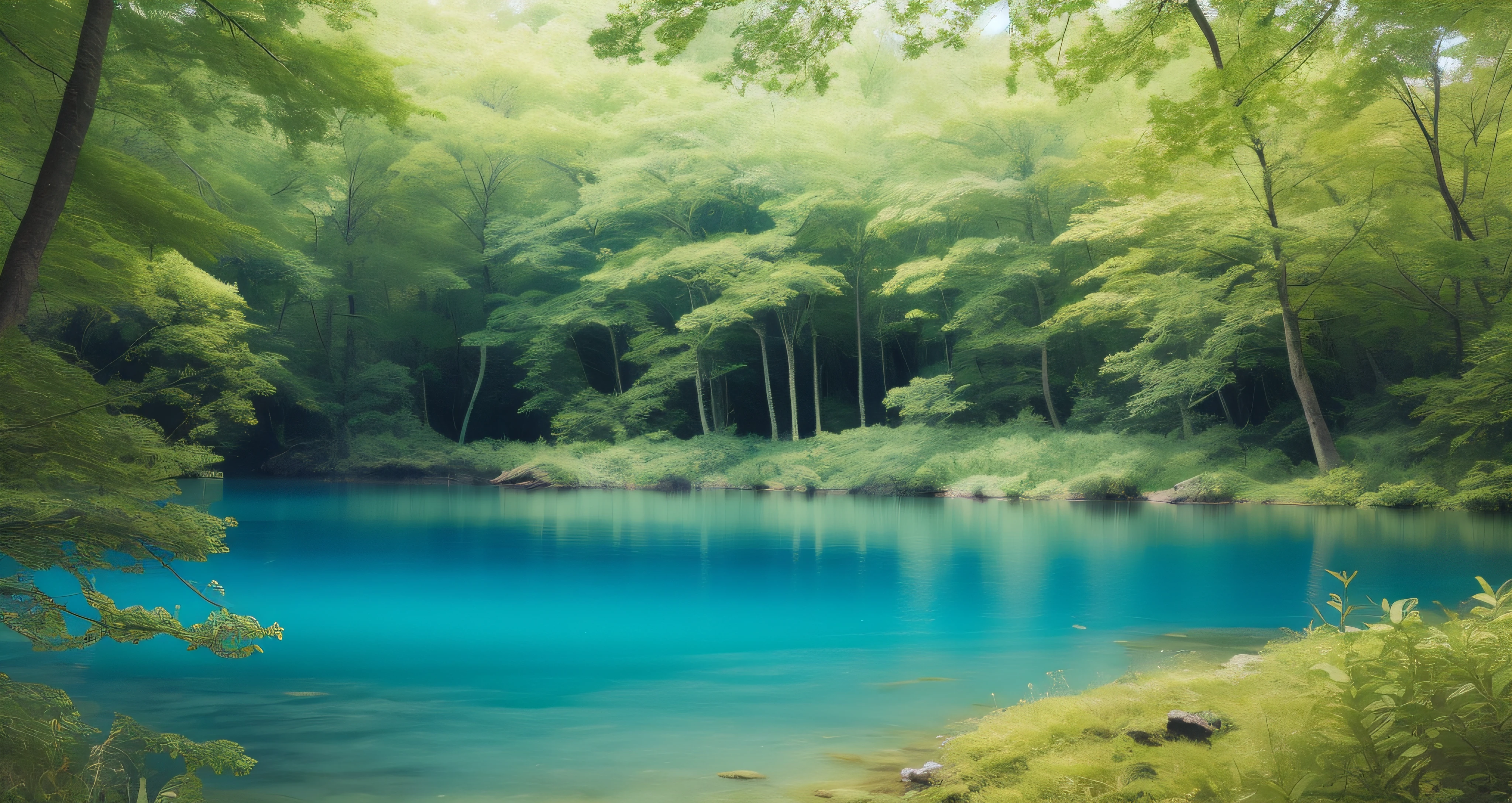 ultra dreamy look in forest, ultra dense forest, dreamy tiny lake with blue water, make colors crazy