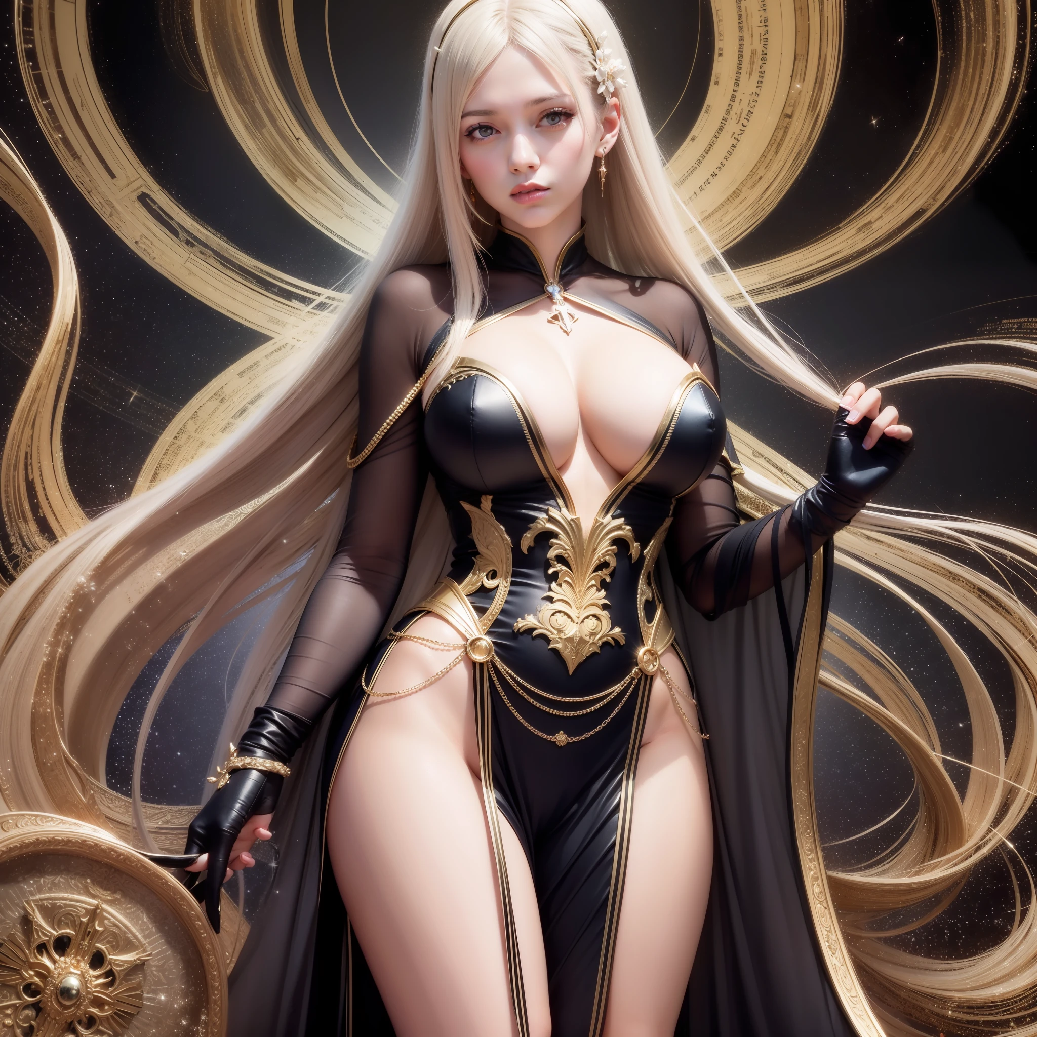high resolution, highest quality, super high quality, super detail, ultra realistic, photorealistic, anime, illustration, fantasy, Northern Renaissance style, super beautiful goddess, mysterious, enchanting, sharp slit gold eyes, flowing layered side braided white hair, tattoos, huge breasts, abs, perfect proportion, full body, slender, black veil, wearing see-through robe embroidered with gold, background galaxy, magic circle, kaleidoscope, rainbow and gold neon light many lines