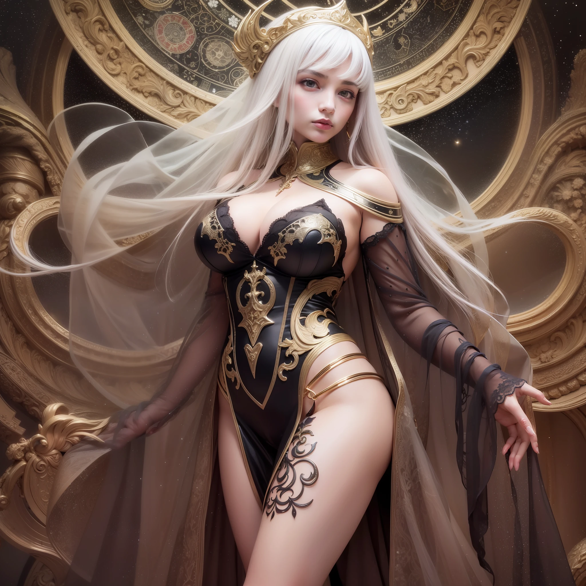 high resolution, highest quality, super high quality, super detail, ultra realistic, photorealistic, anime, illustration, fantasy, Northern Renaissance style, super beautiful goddess, mysterious, enchanting, sharp slit gold eyes, flowing layered side braided white hair, tattoos, huge breasts, abs, perfect proportion, full body, slender, black veil, wearing see-through robe embroidered with gold, background galaxy, magic circle, kaleidoscope, rainbow and gold neon light many lines