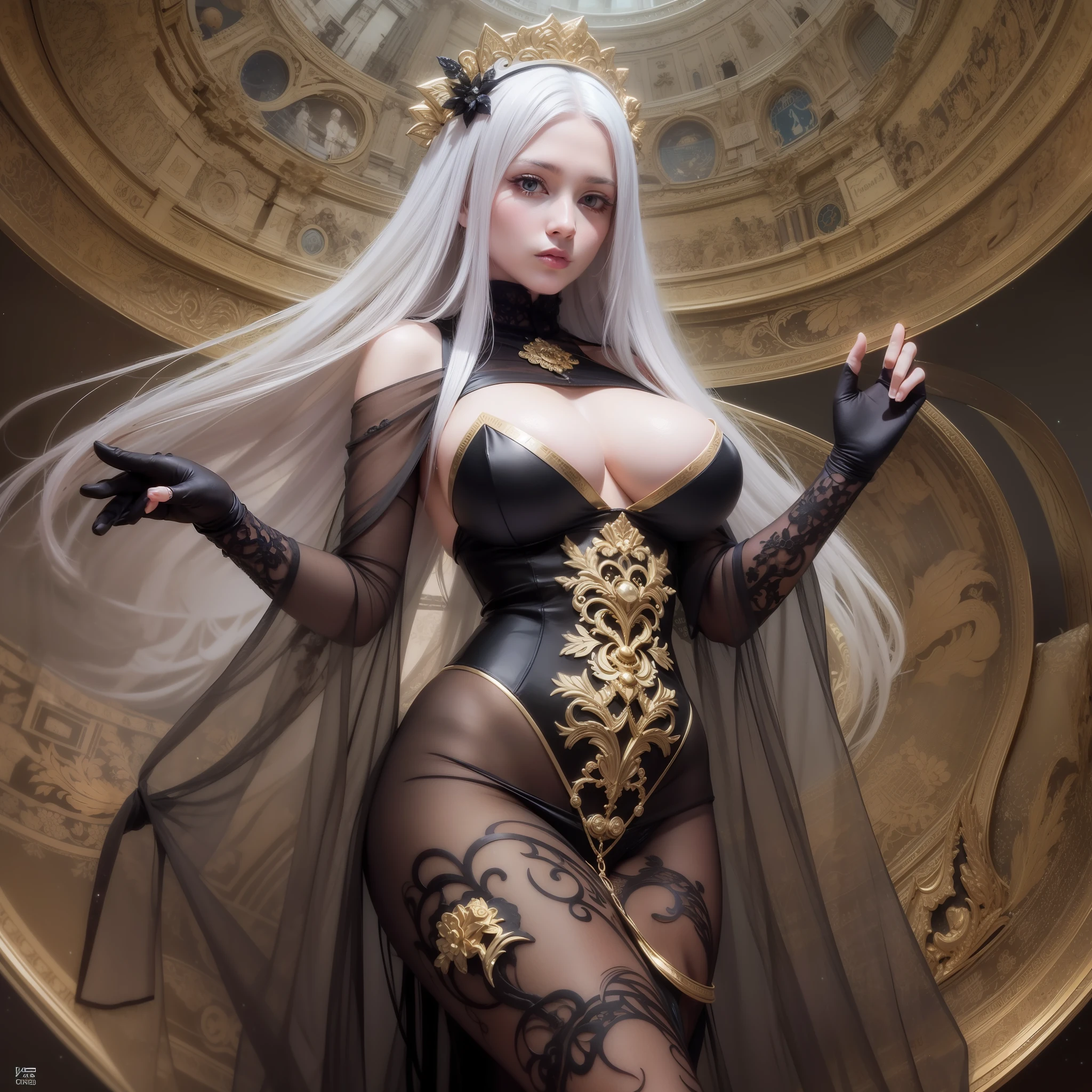 high resolution, highest quality, super high quality, super detail, ultra realistic, photorealistic, anime, illustration, fantasy, Northern Renaissance style, super beautiful goddess, mysterious, enchanting, sharp slit gold eyes, flowing layered side braided white hair, tattoos, huge breasts, abs, perfect proportion, full body, slender, black veil, wearing see-through robe embroidered with gold, background galaxy, magic circle, kaleidoscope, rainbow and gold neon light many lines