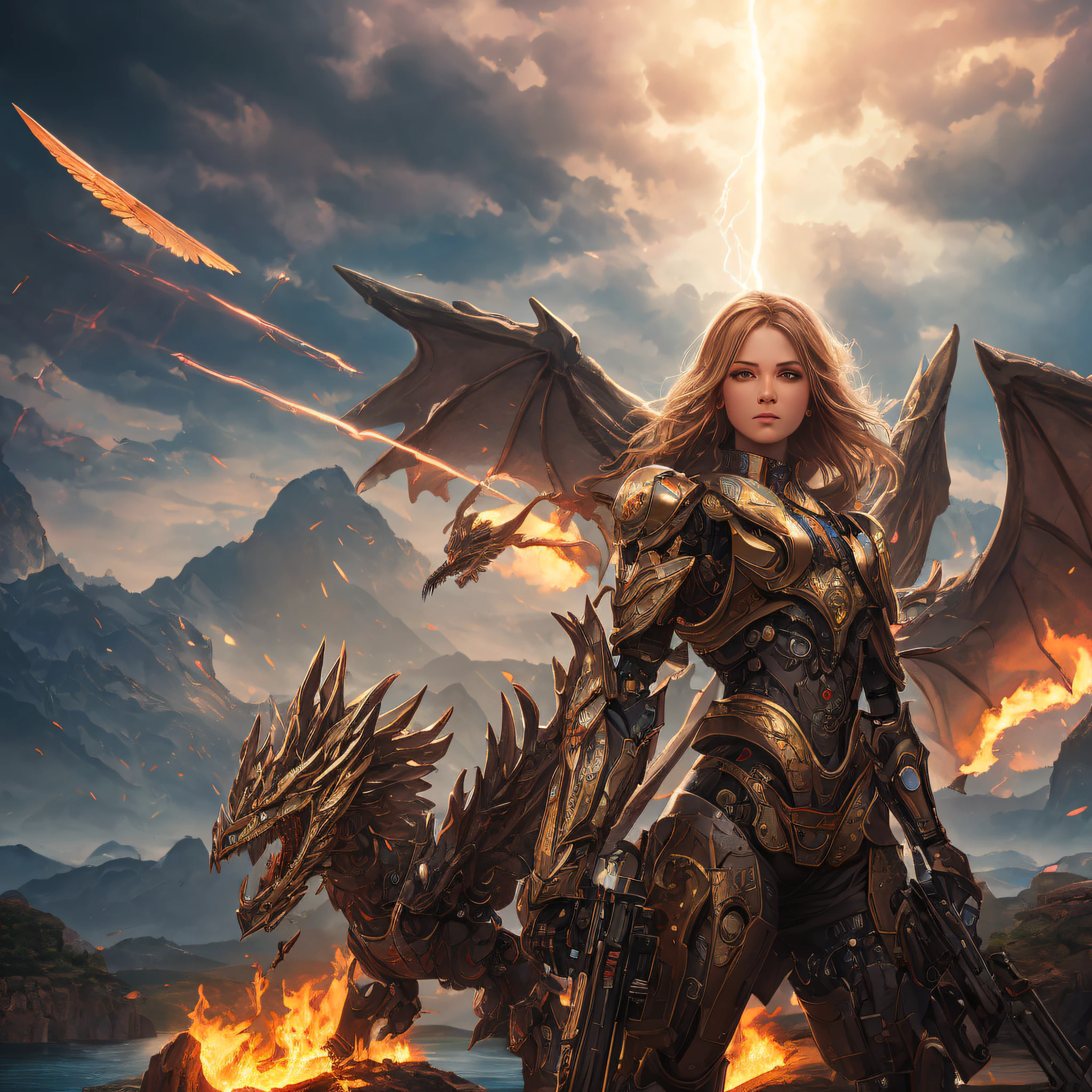 aa professional movie photograph of, in a magic an paradisiac land full of flowers, mountains and lakes . beautiful celestial angels, with natural amazing bodies, fighting against cyborg dragon robots, they have celestial weapons , with thunder rays and flame to destroy the dragons. .8 k, full high definition details, exquisite detail, sharp-focus, intricately-detailed, award-winning photograph, small-catchlight, low-contrast, high-sharpness, facial-symmetry, depth-of-field, cinematic background, unreal engine render, center image, dream-like, softly lit, intimate --auto