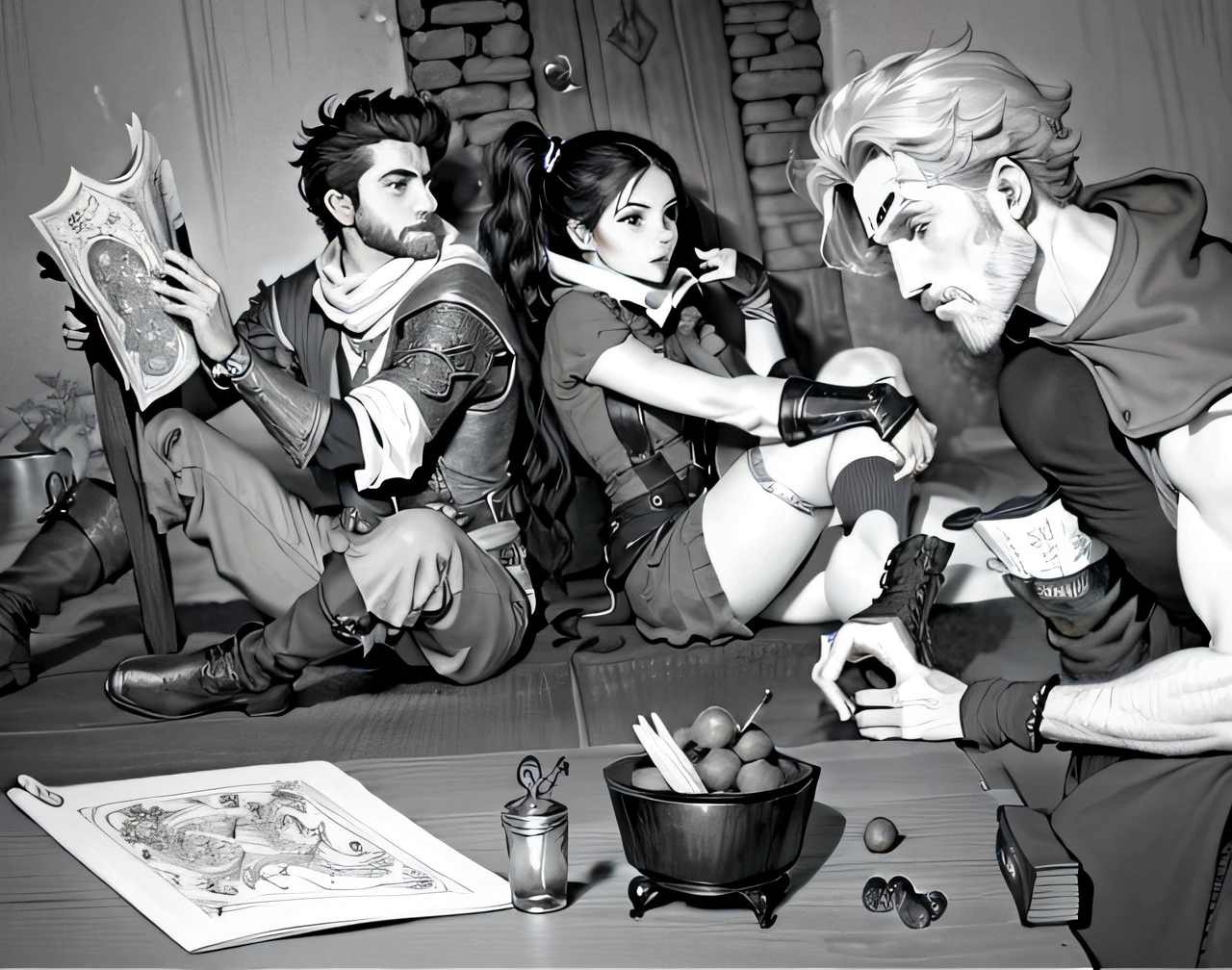desenho animado de um grupo de pessoas sentadas ao redor de uma fogueira, dnd illustration, festa de aventura, Festa DND, cena de rpg, rpg illustration, Medieval D&d humor, Encontro DND, arte do jogo de RPG, Jogando DND, jogar no dnd, Dungeons and Dragons style, rpg rulebook illustration, d&D estilo fantasia, Game Illustration, d&D Estilo de arte