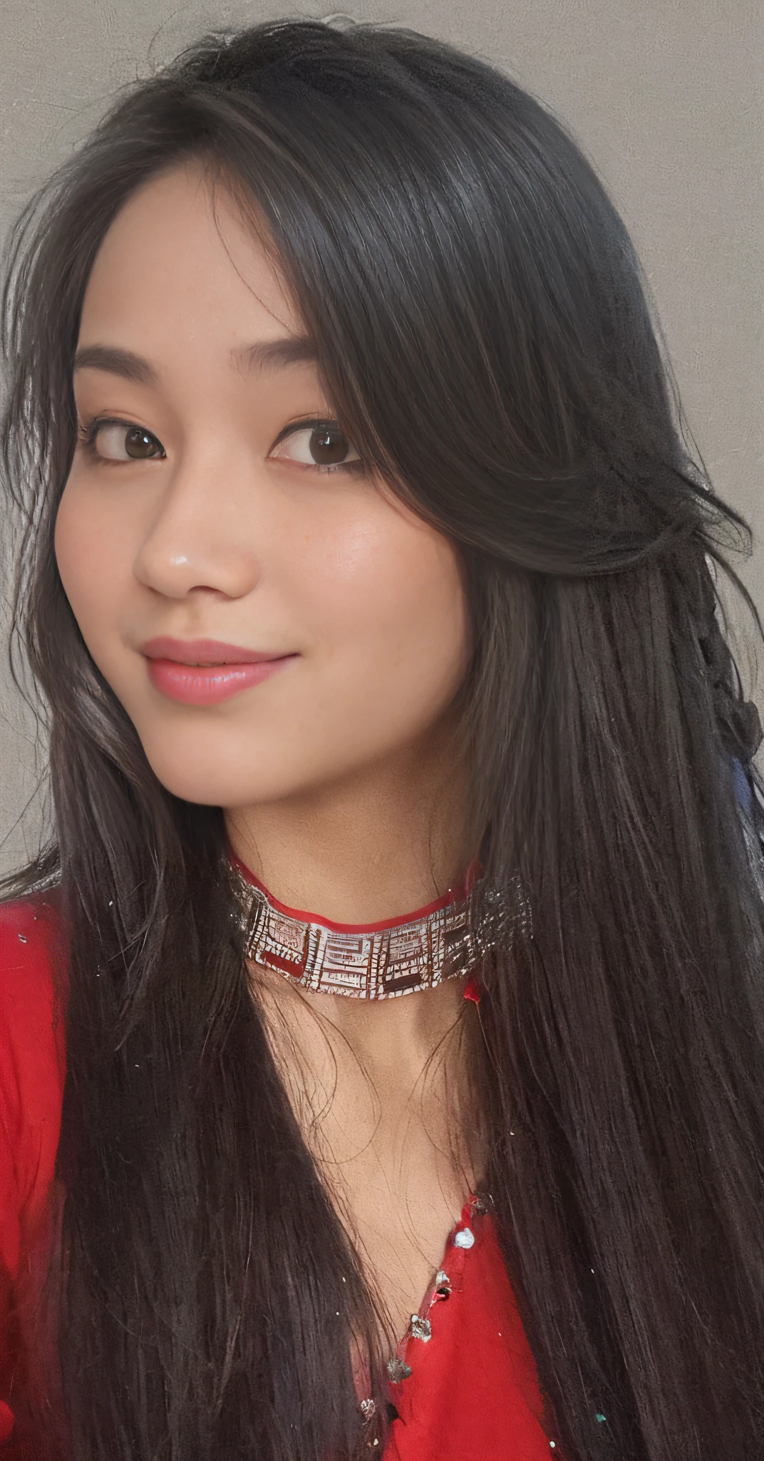 Araved woman with long black hair in a red blouse, wearing a native american choker, wearing a choker, wearing intricate black choker, south east asian with round face, Wear a delicate leather collar, nivanh chanthara, slightly round chin, beautiful young himalayan woman, Asian face, cute beautiful, with cute - fine - face, beautiful lovely