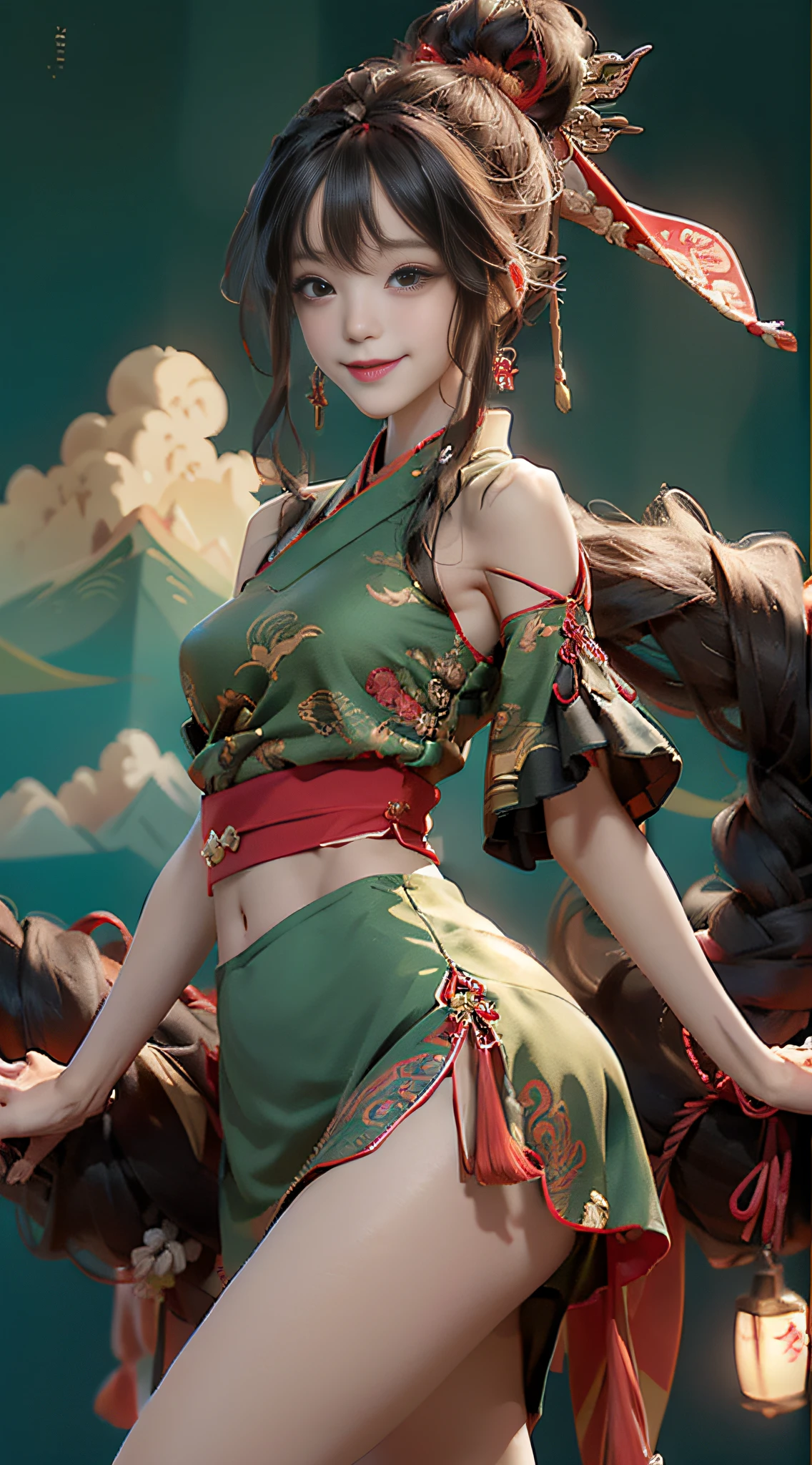 Official Art, Unified 8K Wallpapers, Ultra Detailed, Beautiful and Aesthetic, Masterpiece, Best Quality, (Zentangle, Tangle, Entangle), (fractal art: 1.4), 1girl, black hair, Chinese, bare shoulders, short skirt, calf, navel, very detailed, dynamic angle, cowboyshot, (most beautiful form chaos), flowing, (bright colors), oc, (half: 1.2), china, (thangka flying sky: 1.5), (ribbon: 1.3), (dream: 1.5), (hanfu: 1.5), Chinese dragon, Chinese phoenix, (smile: 0.5), (Chinese deity),
