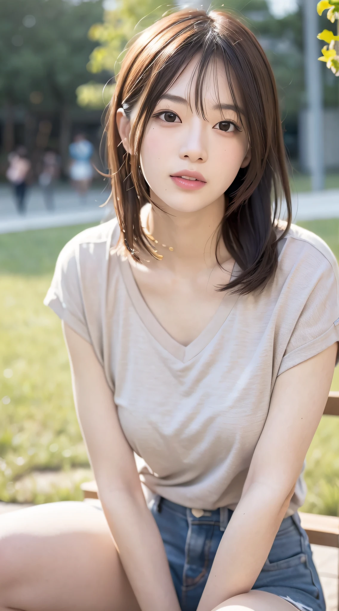 mix4, 20 days, Solo, Long_Hair, Nanase Nishino, Haruka Kaki, park, bench, Seated, (8K, RAW photography, Best quality, Masterpiece:1.2), (Realistic, Photorealistic: 1.37), Professional lighting, photon maping, Radio City, physically-based renderingt