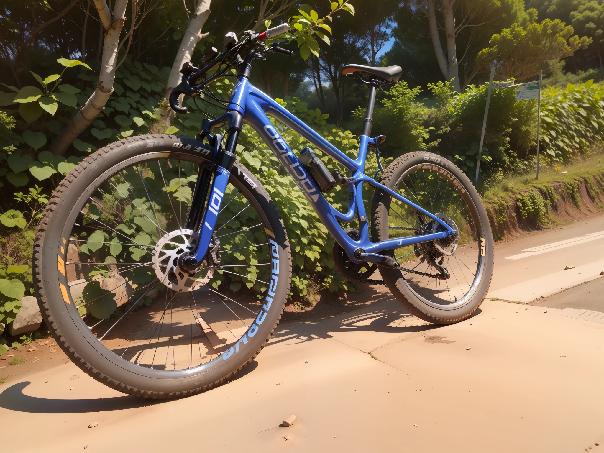 Bicicleta estacionada em uma estrada de terra em frente a um arbusto, um tiro largo e cheio, full medium shot, Alma piedosa, Directed by: Tom Wänerstrand, tiro frontal completo, tiro de comprimento total, !!Beautiful!!, mid 2 0's female, Foto de perfil, tiro ultra largo, tiro frontal, Frente cheia, full-length view